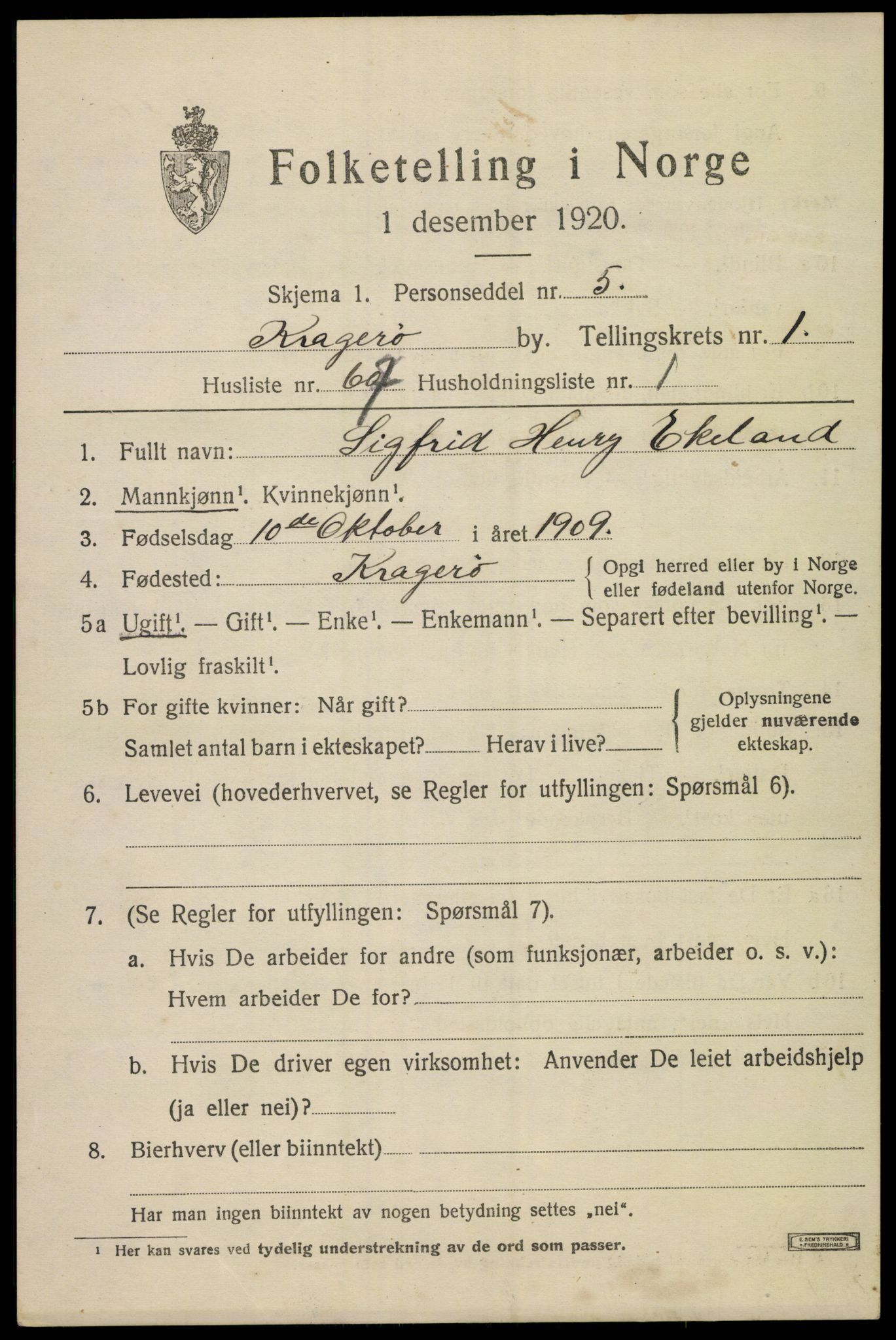 SAKO, 1920 census for Kragerø, 1920, p. 4973