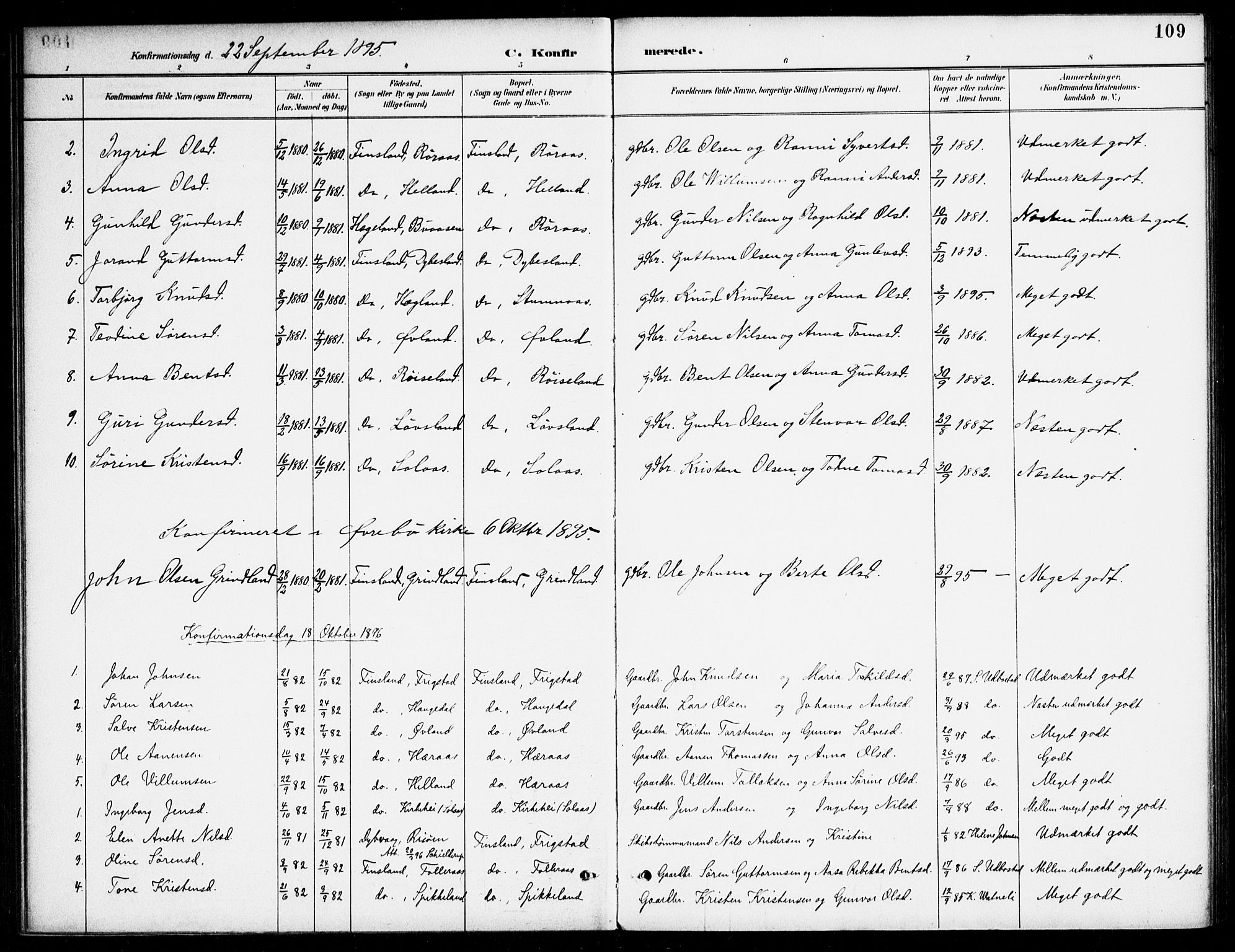 Bjelland sokneprestkontor, SAK/1111-0005/F/Fa/Fab/L0004: Parish register (official) no. A 4, 1887-1920, p. 109