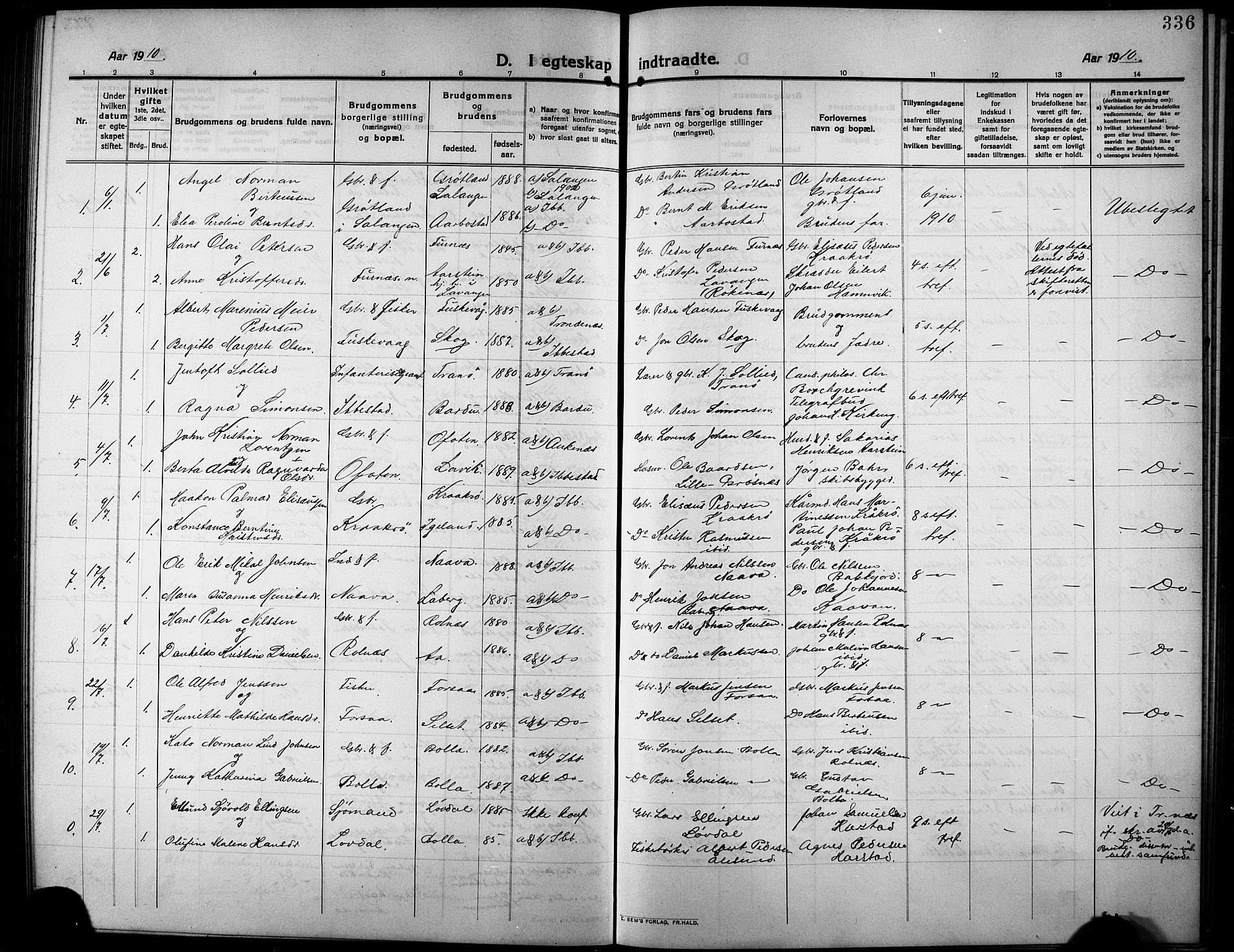 Ibestad sokneprestembete, SATØ/S-0077/H/Ha/Hab/L0009klokker: Parish register (copy) no. 9, 1902-1914, p. 336