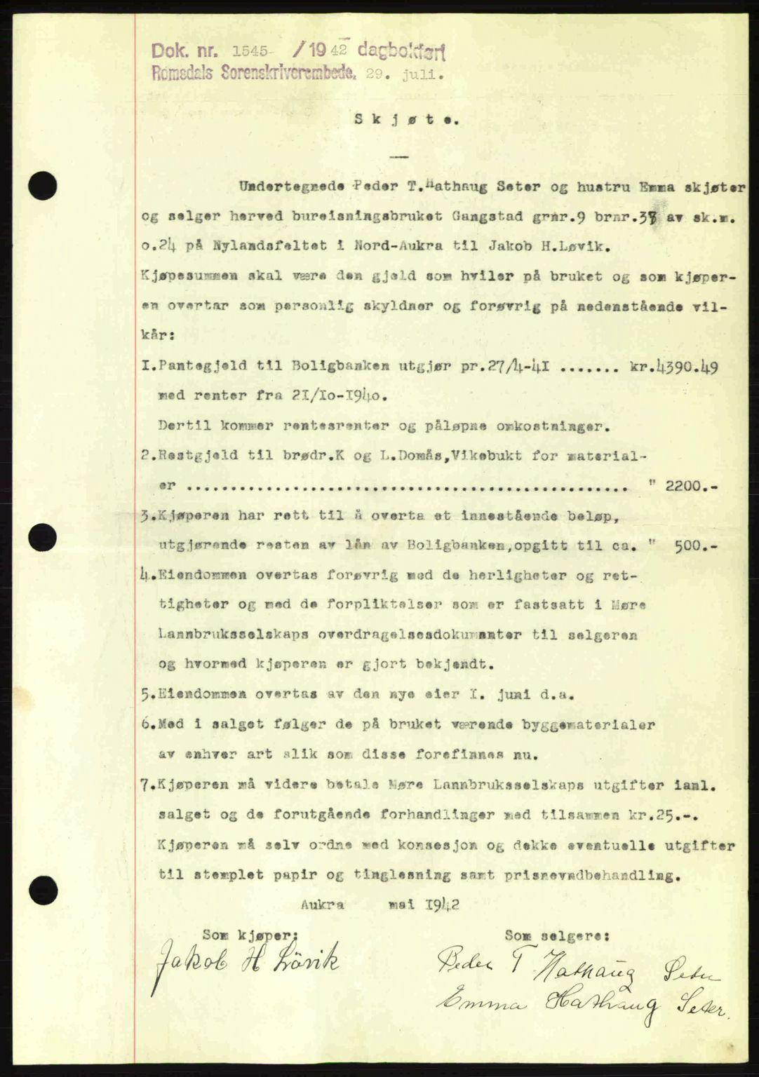 Romsdal sorenskriveri, AV/SAT-A-4149/1/2/2C: Mortgage book no. A12, 1942-1942, Diary no: : 1545/1942