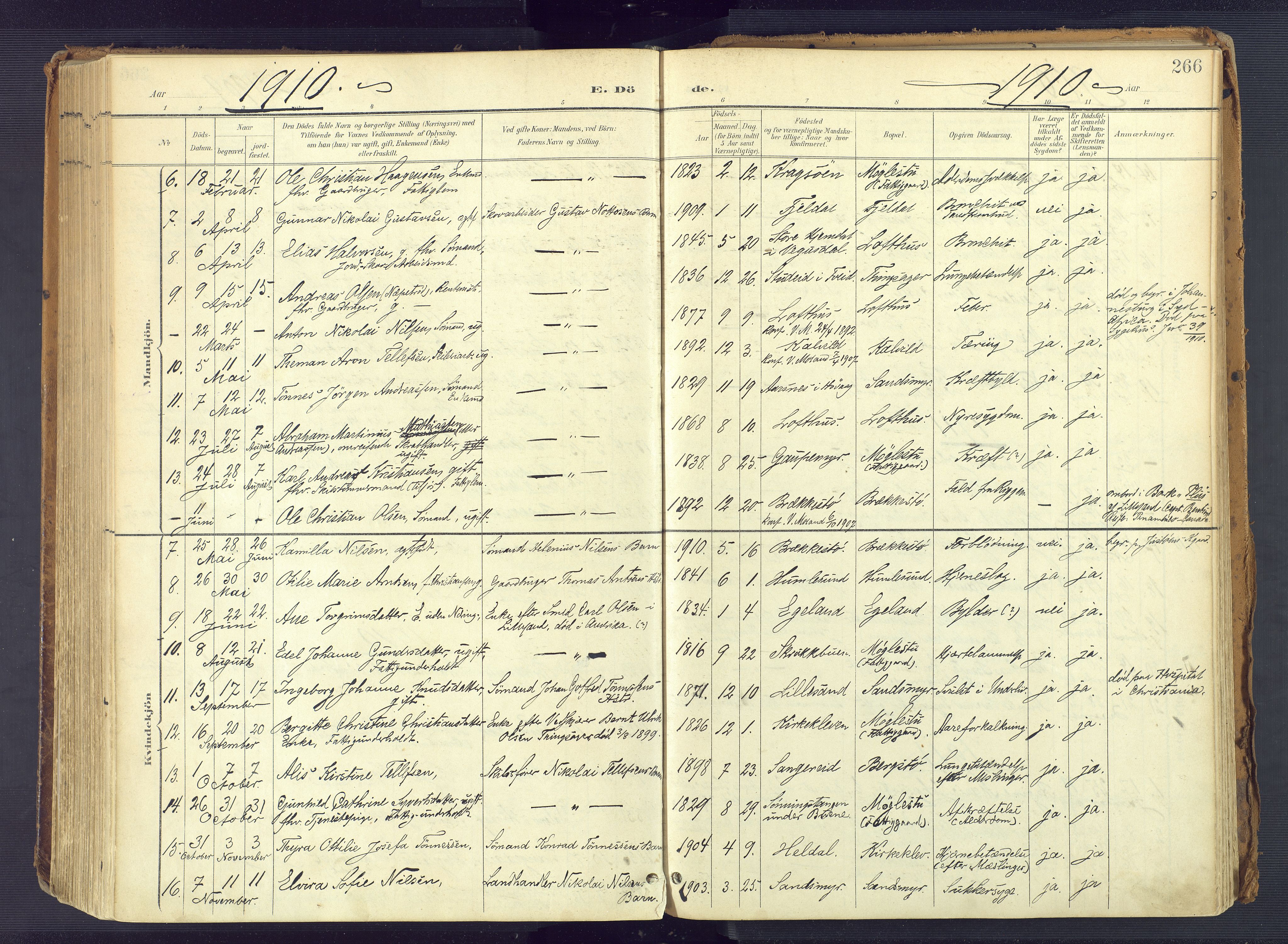 Vestre Moland sokneprestkontor, SAK/1111-0046/F/Fa/Fab/L0010: Parish register (official) no. A 10, 1900-1926, p. 266