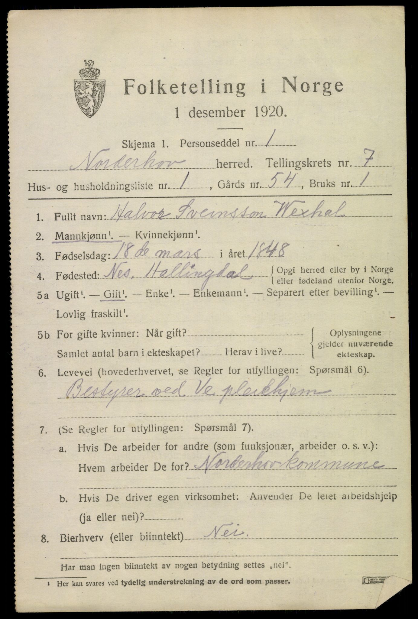 SAKO, 1920 census for Norderhov, 1920, p. 9325