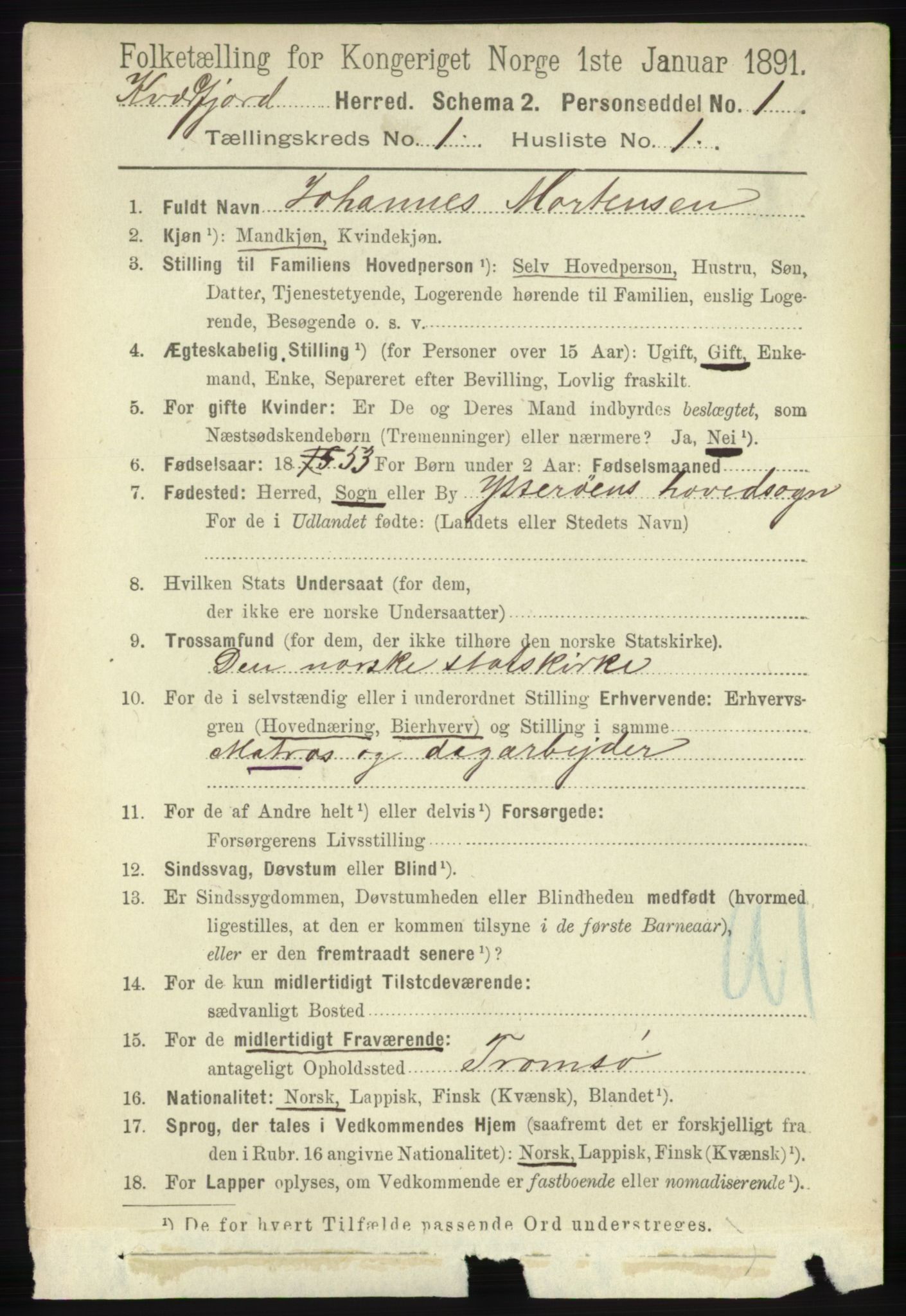 RA, 1891 census for 1911 Kvæfjord, 1891, p. 95