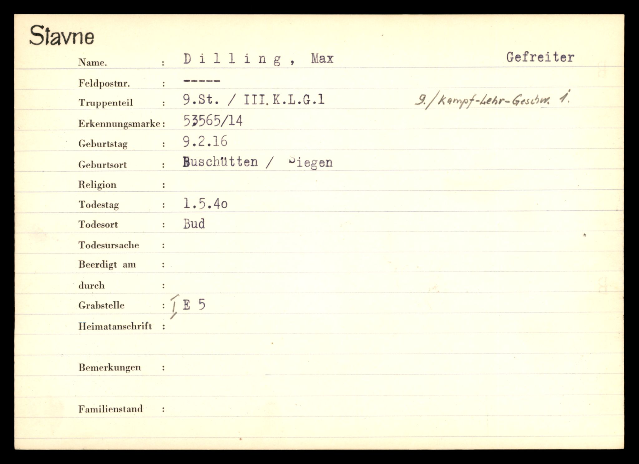 Distriktskontoret for krigsgraver, SAT/A-5030/E/L0003: Kasett/kartotek over tysk Krigskirkegård Stavne, 1945, p. 217