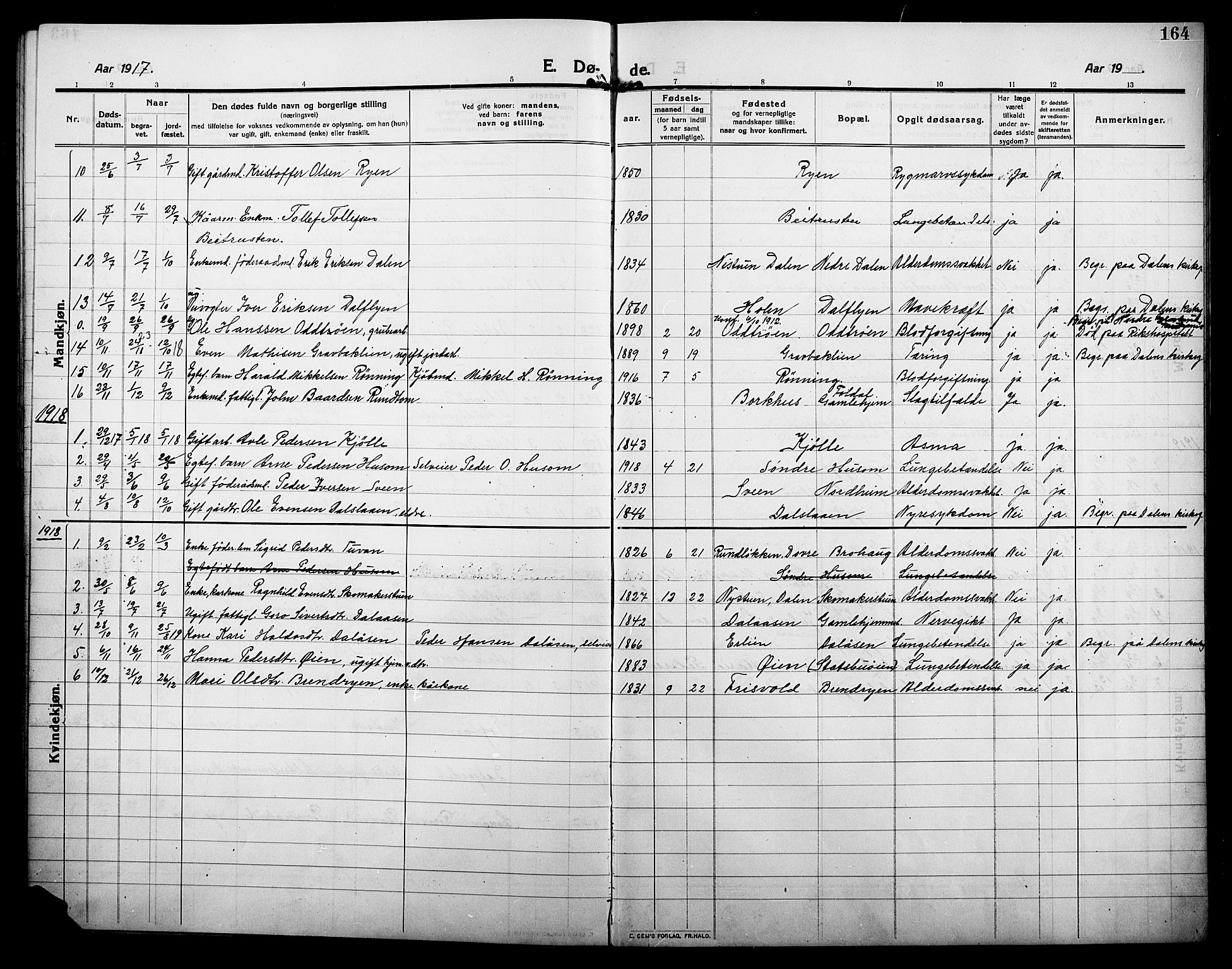 Alvdal prestekontor, SAH/PREST-060/H/Ha/Hab/L0006: Parish register (copy) no. 6, 1910-1924, p. 164