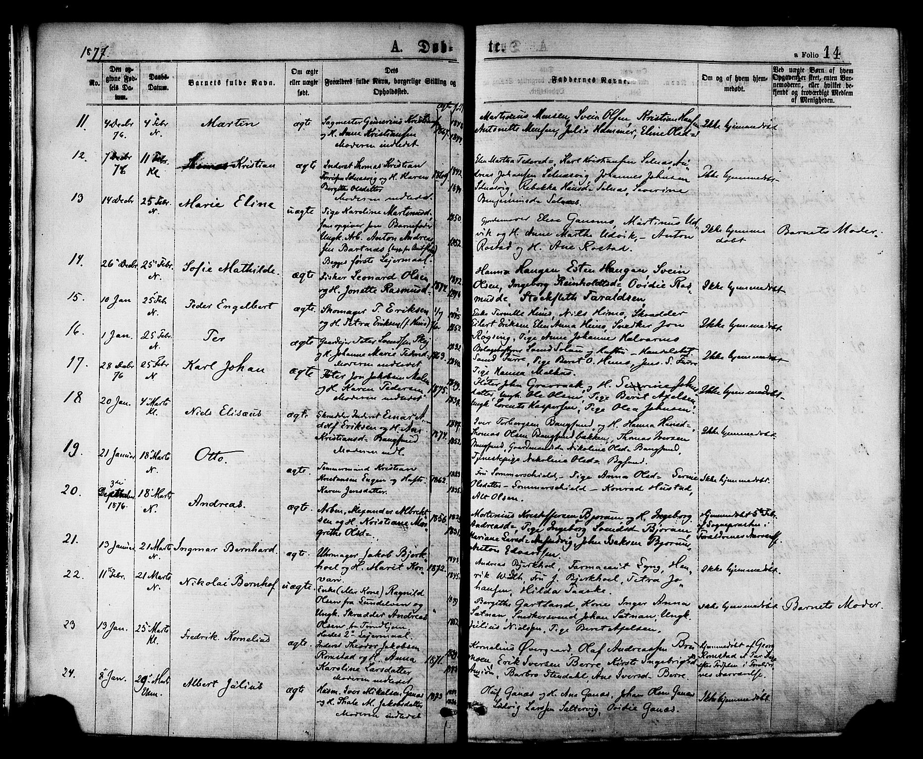 Ministerialprotokoller, klokkerbøker og fødselsregistre - Nord-Trøndelag, SAT/A-1458/768/L0572: Parish register (official) no. 768A07, 1874-1886, p. 14