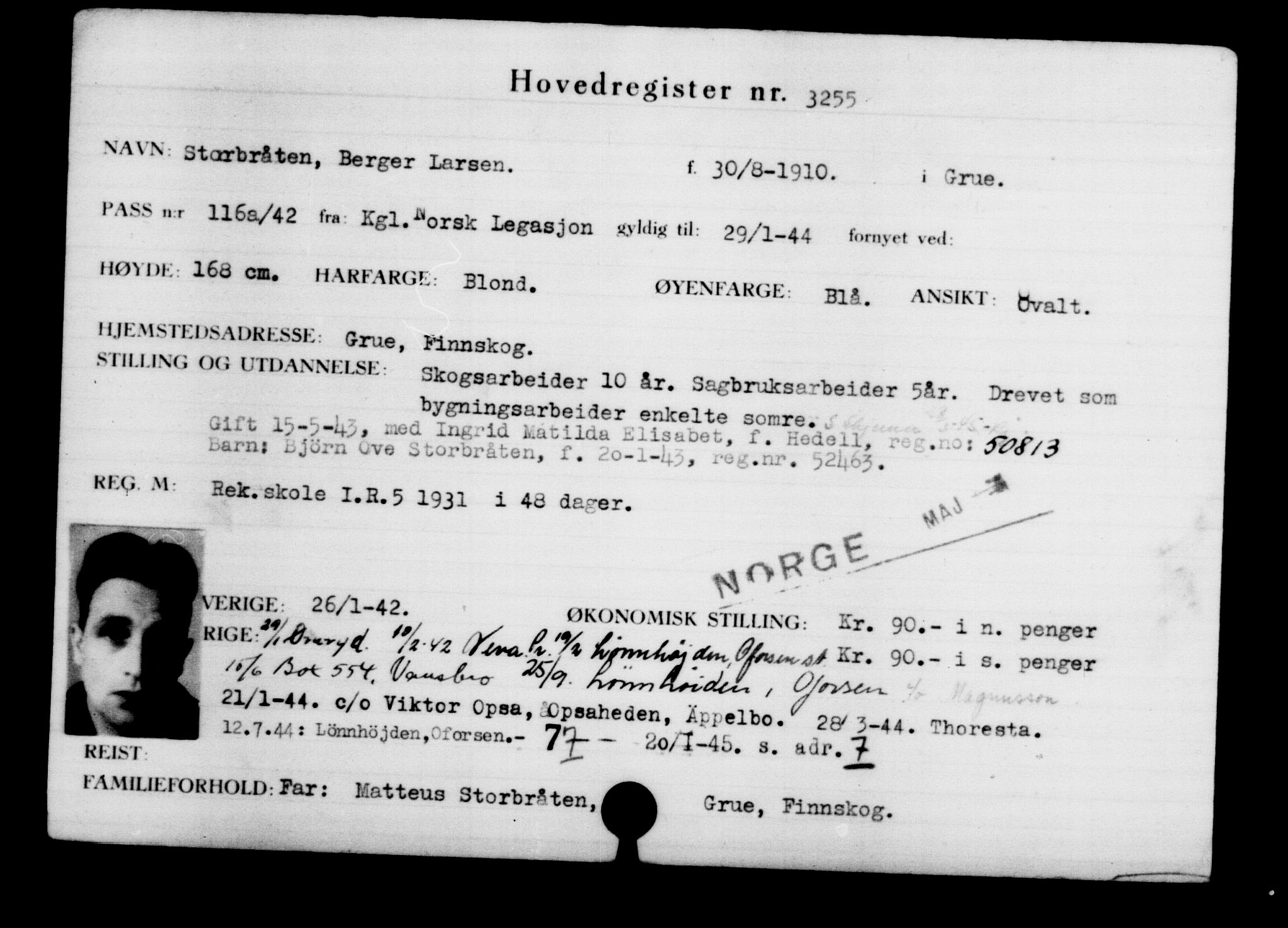 Utenriksstasjonene, Legasjonen i Stockholm, Flyktningkontoret, AV/RA-S-6753/V/Va/L0003: Kjesäterkartoteket, flyktninger med registreringsnr. 2001-3495, 1940-1945, p. 1722