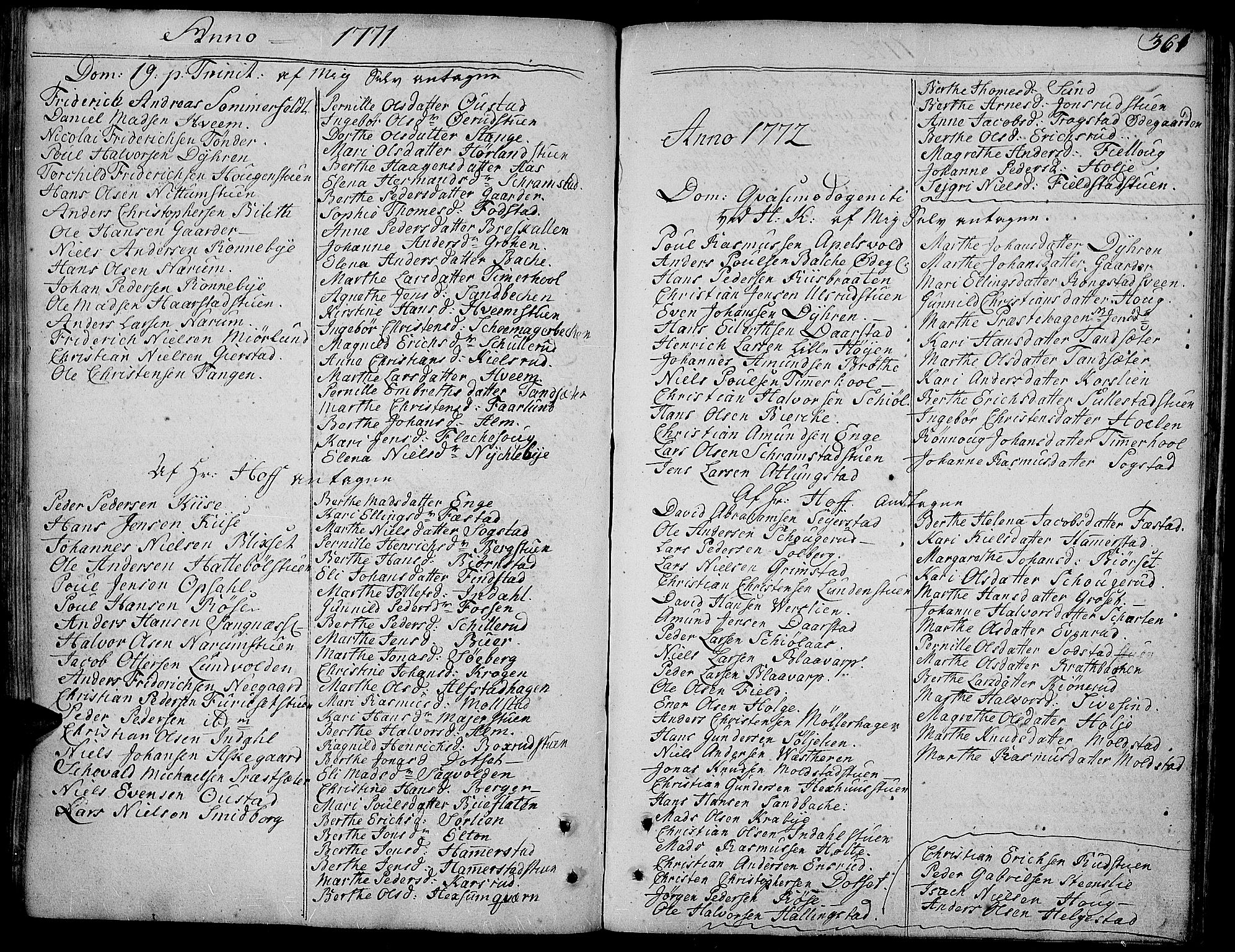 Toten prestekontor, SAH/PREST-102/H/Ha/Haa/L0005: Parish register (official) no. 5, 1761-1772, p. 361