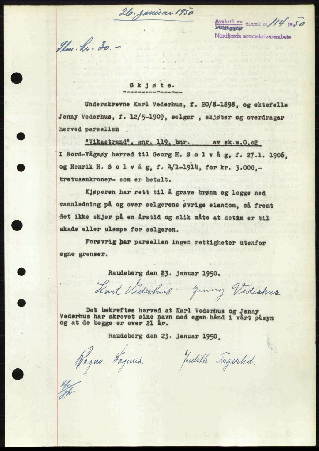 Nordfjord sorenskriveri, SAB/A-2801/02/02b/02bj/L0016a: Mortgage book no. A16 I, 1949-1950, Diary no: : 114/1950