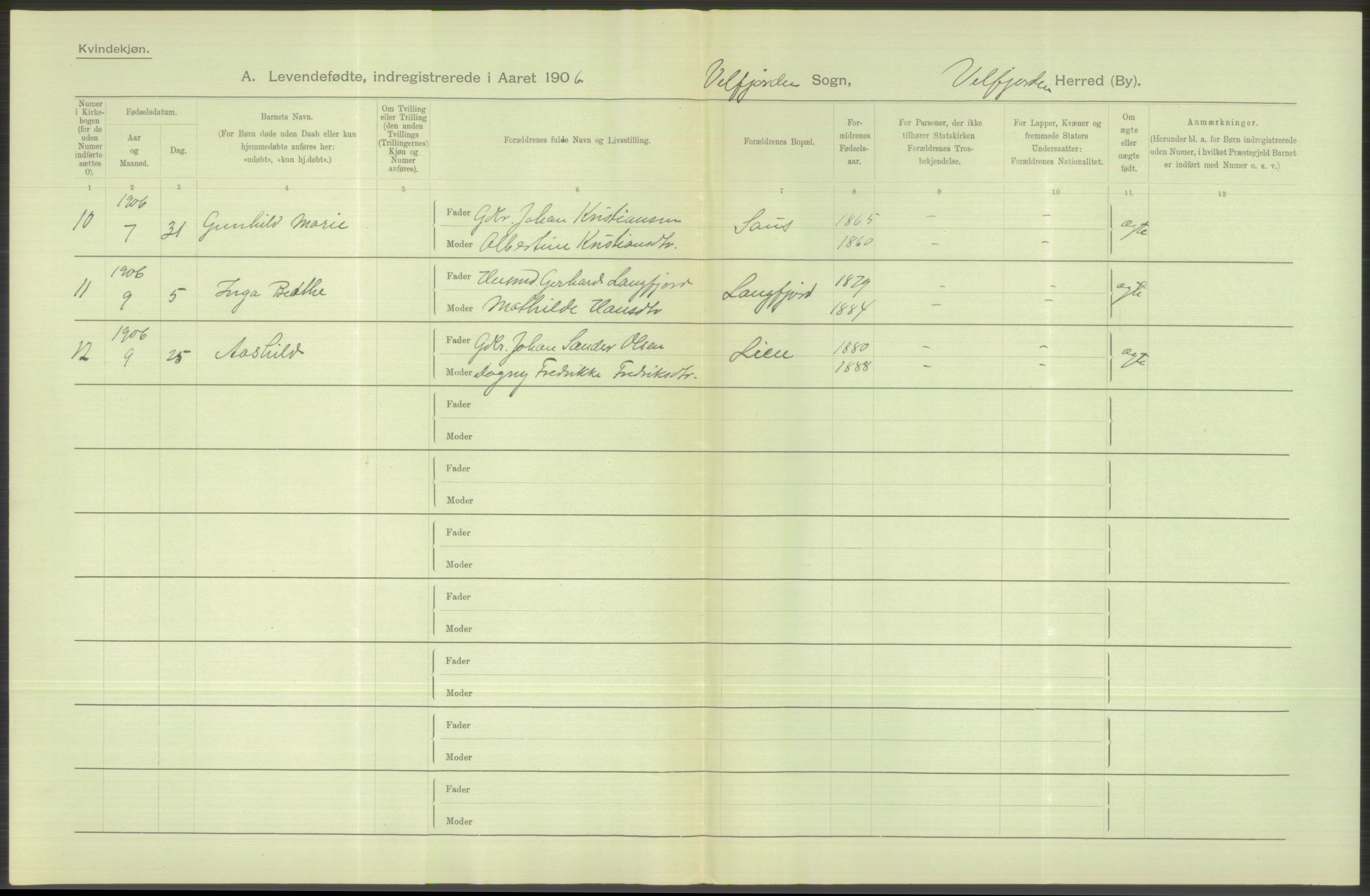 Statistisk sentralbyrå, Sosiodemografiske emner, Befolkning, AV/RA-S-2228/D/Df/Dfa/Dfad/L0043: Nordlands amt: Levendefødte menn og kvinner. Bygder., 1906, p. 18