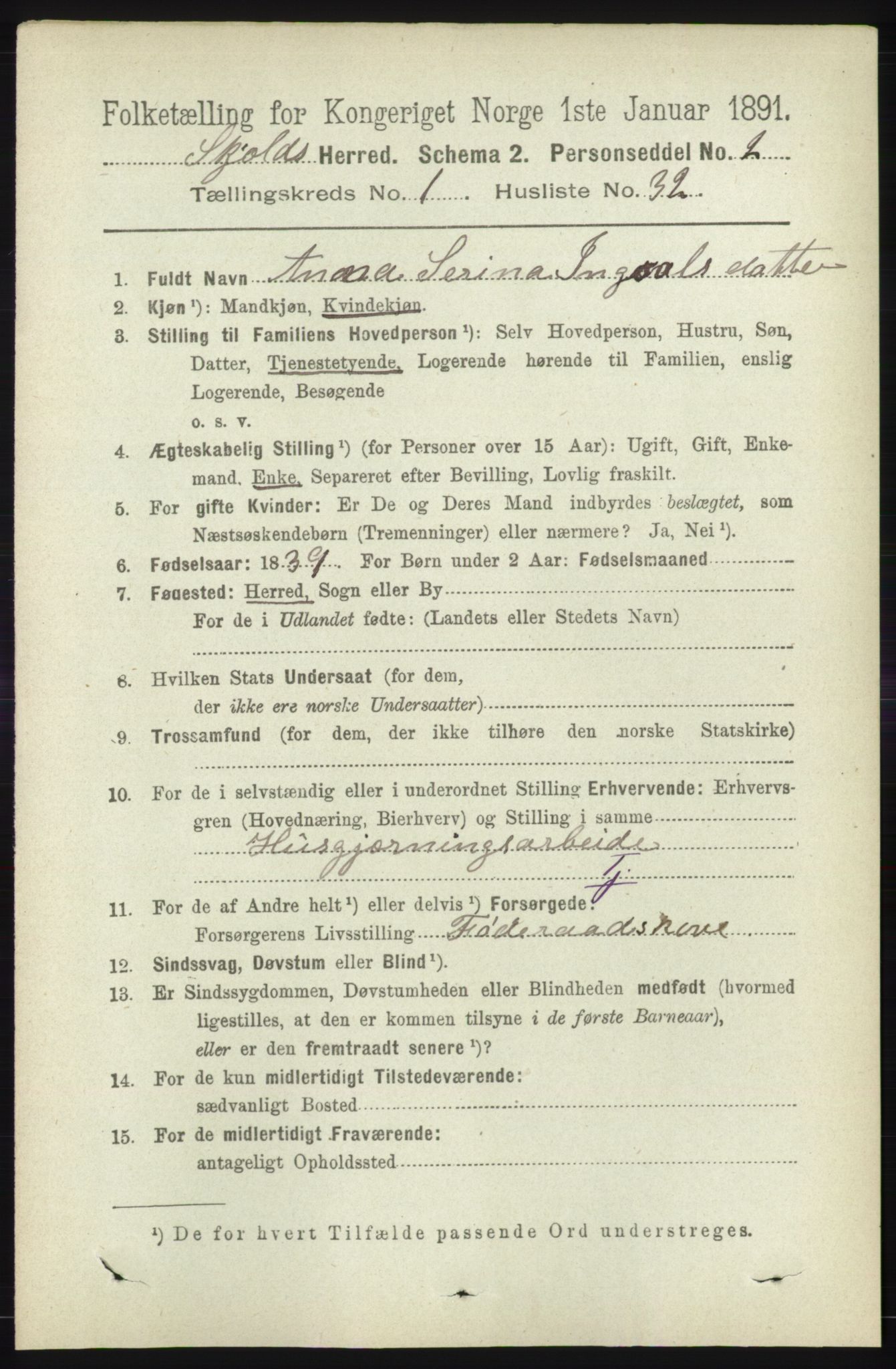 RA, 1891 census for 1154 Skjold, 1891, p. 237