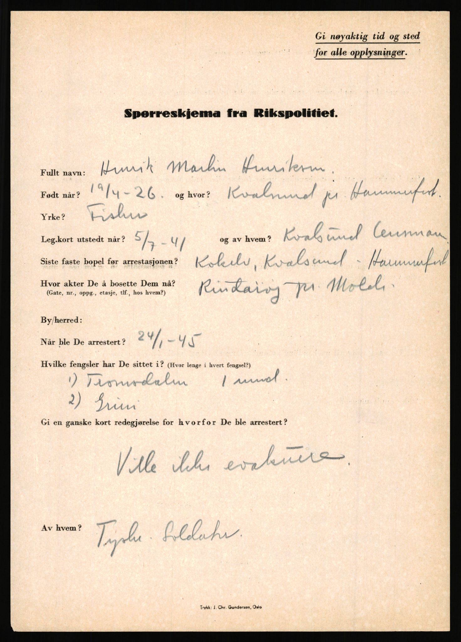 Rikspolitisjefen, AV/RA-S-1560/L/L0007: Heen, Erik C. - Iversen, Trygve, 1940-1945, p. 63