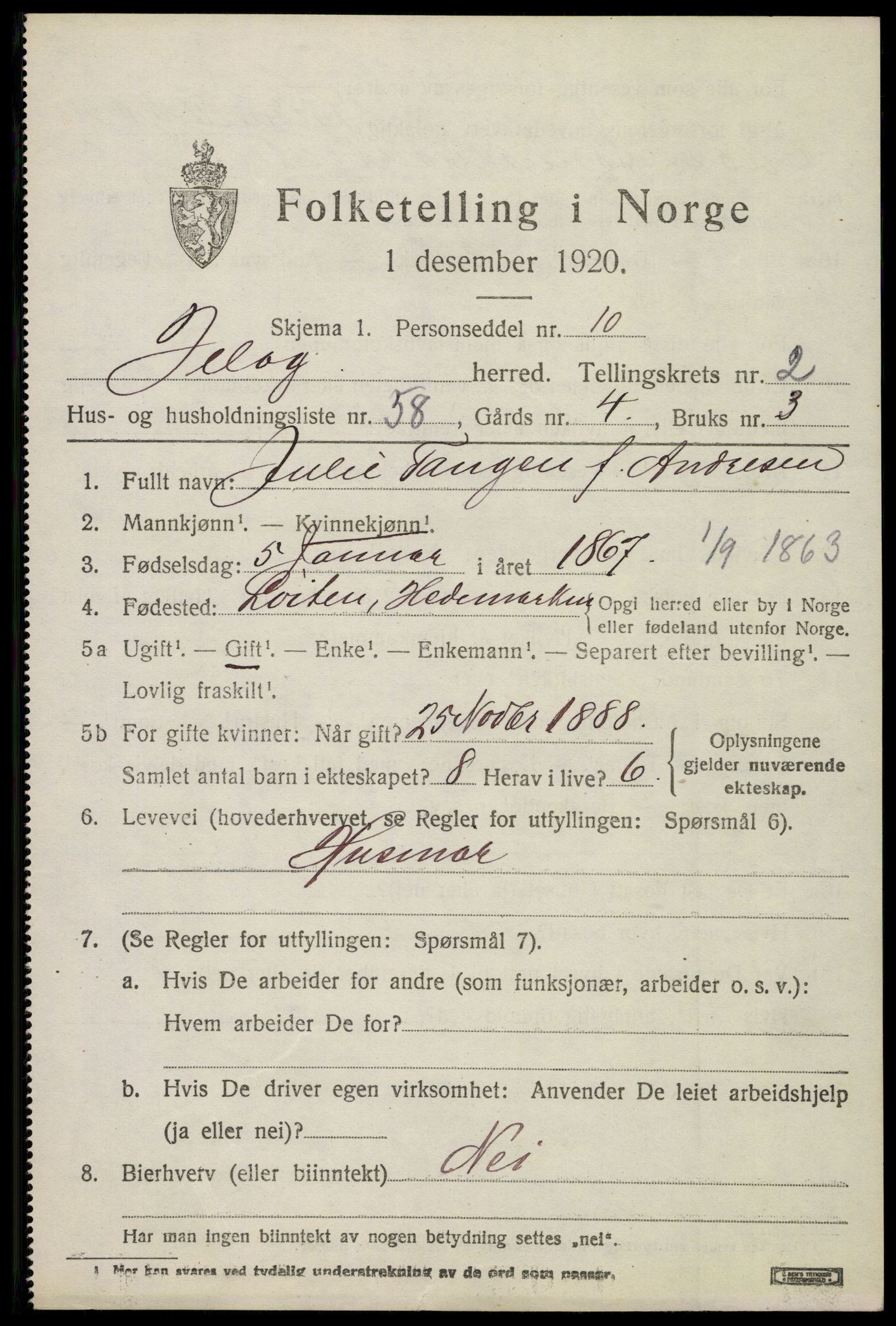 SAO, 1920 census for Moss land district, 1920, p. 2891