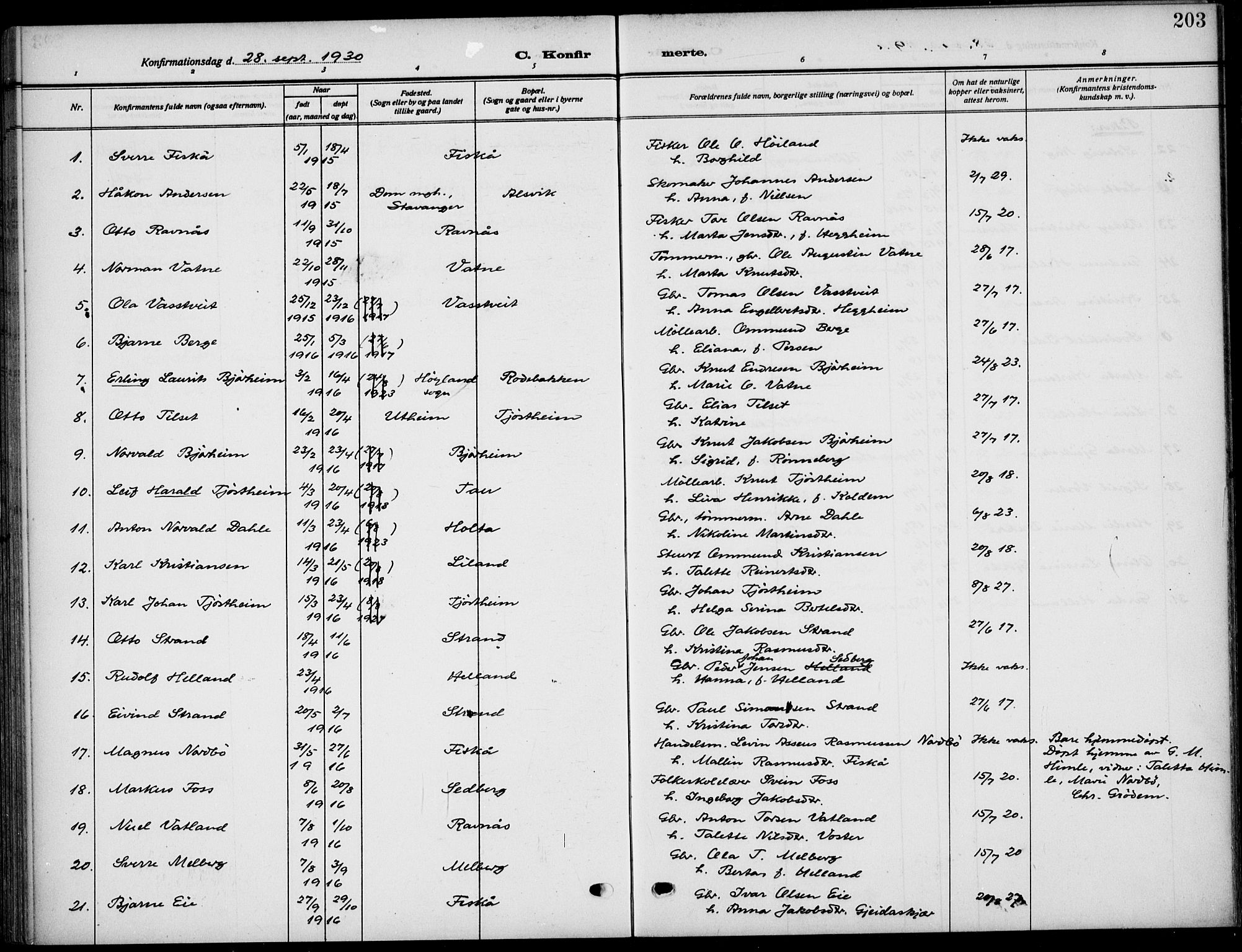 Strand sokneprestkontor, SAST/A-101828/H/Ha/Haa/L0011: Parish register (official) no. A 11, 1908-1930, p. 203