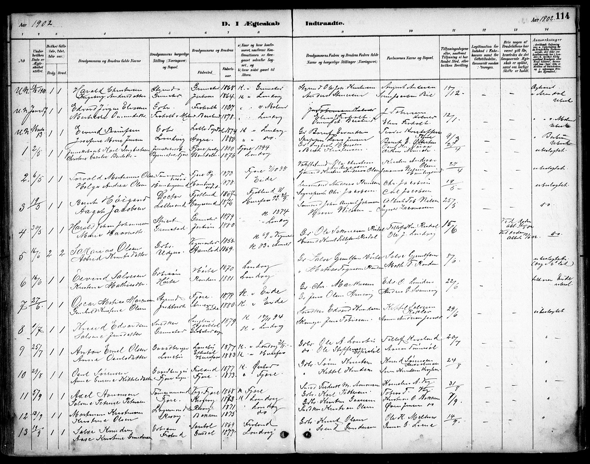 Hommedal sokneprestkontor, AV/SAK-1111-0023/F/Fb/Fbb/L0007: Parish register (copy) no. B 7, 1885-1904, p. 114