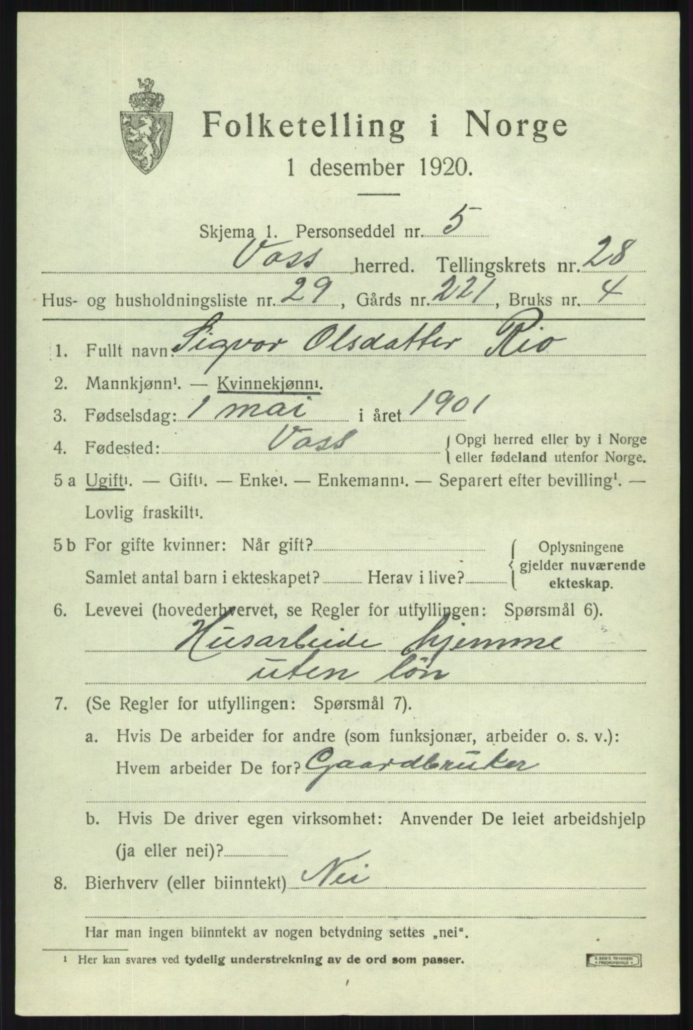 SAB, 1920 census for Voss, 1920, p. 19253