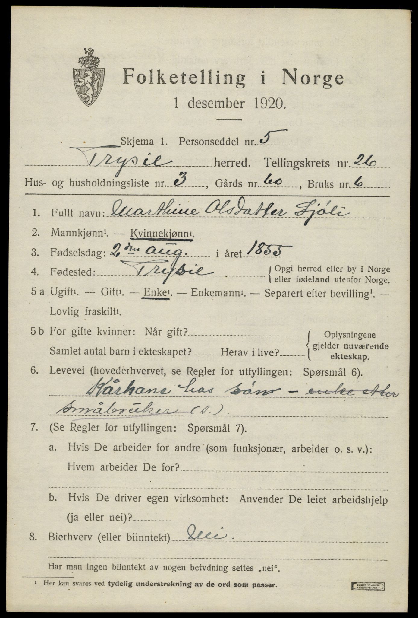 SAH, 1920 census for Trysil, 1920, p. 16151