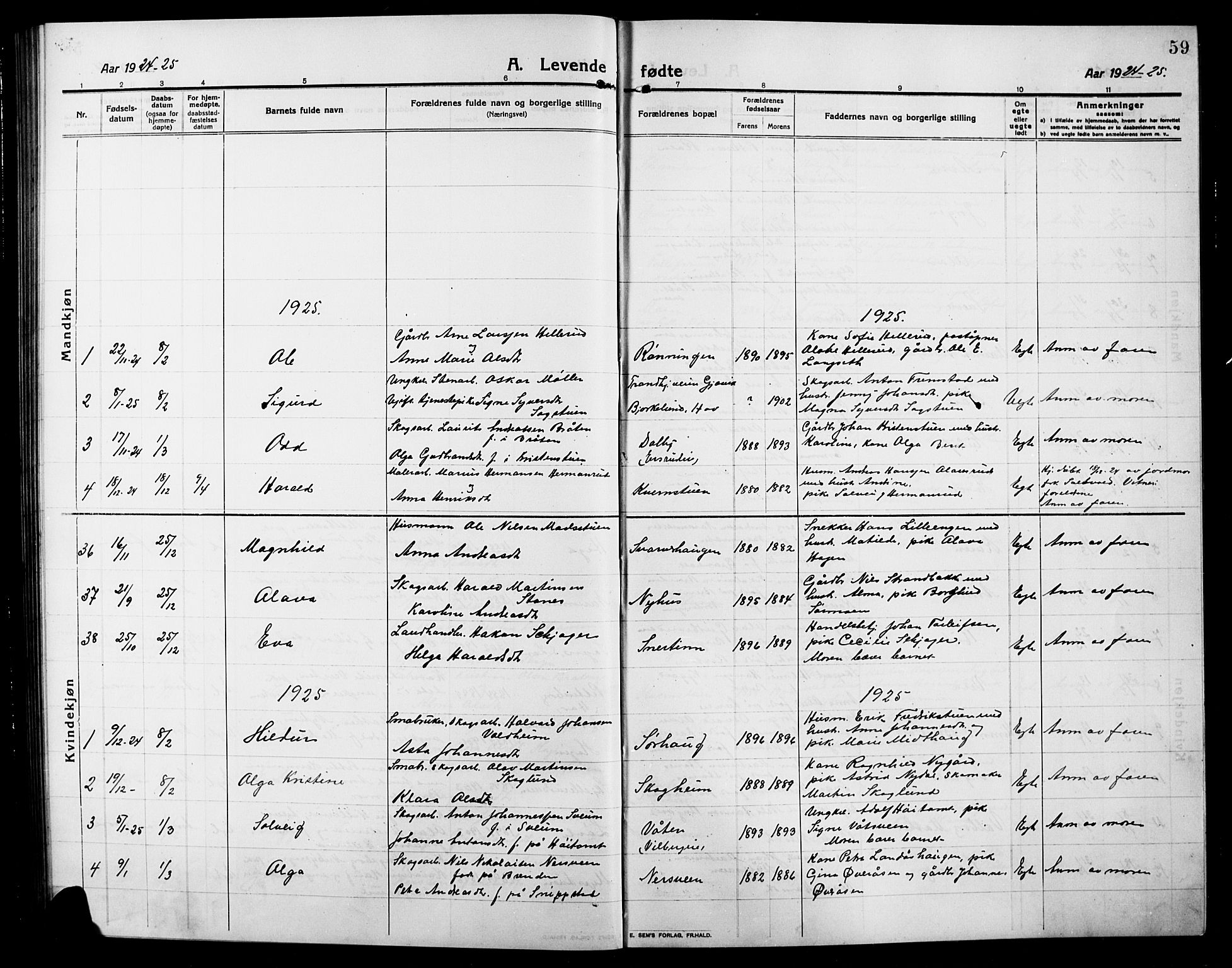 Søndre Land prestekontor, AV/SAH-PREST-122/L/L0006: Parish register (copy) no. 6, 1912-1925, p. 59