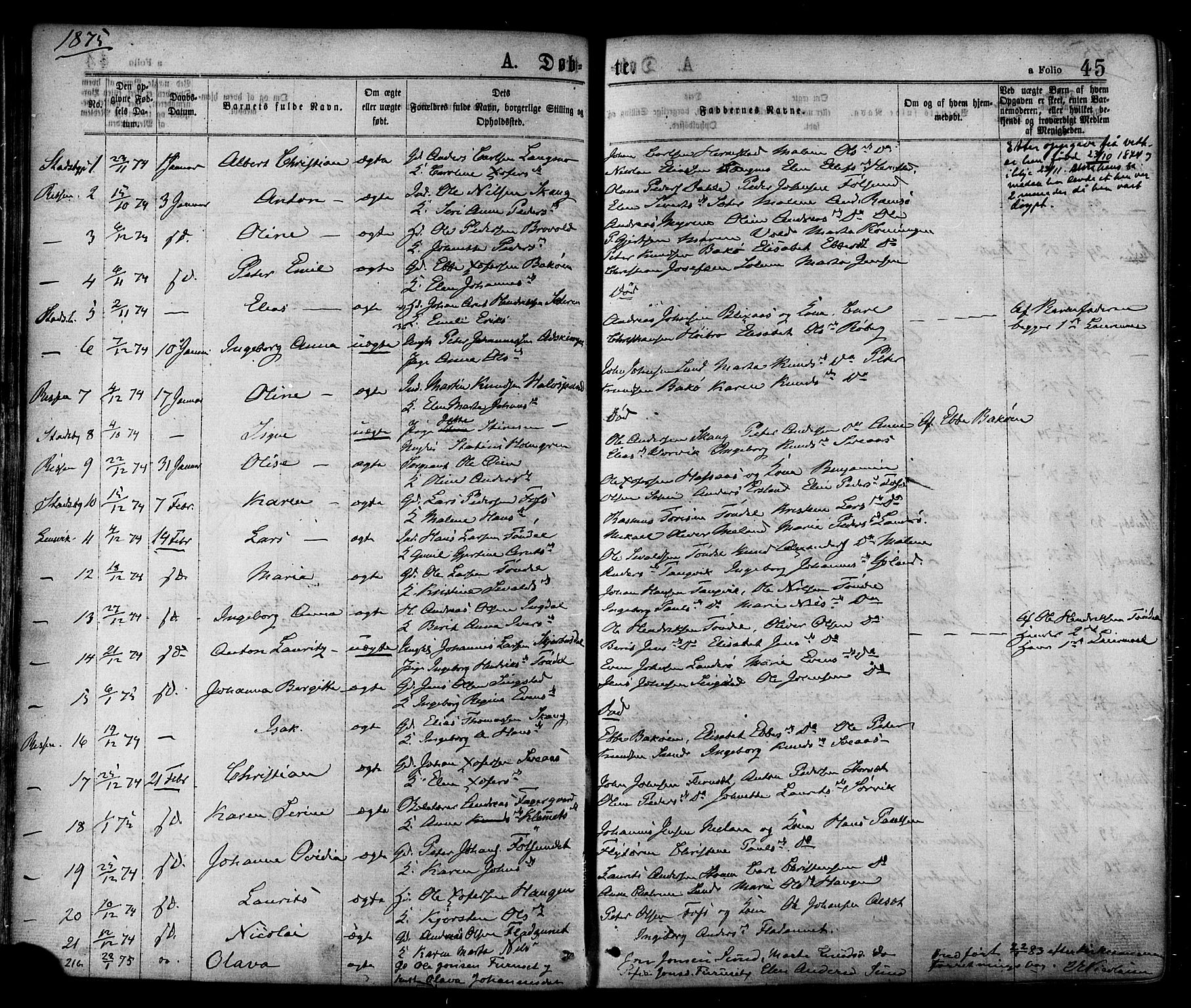 Ministerialprotokoller, klokkerbøker og fødselsregistre - Sør-Trøndelag, SAT/A-1456/646/L0613: Parish register (official) no. 646A11, 1870-1884, p. 45
