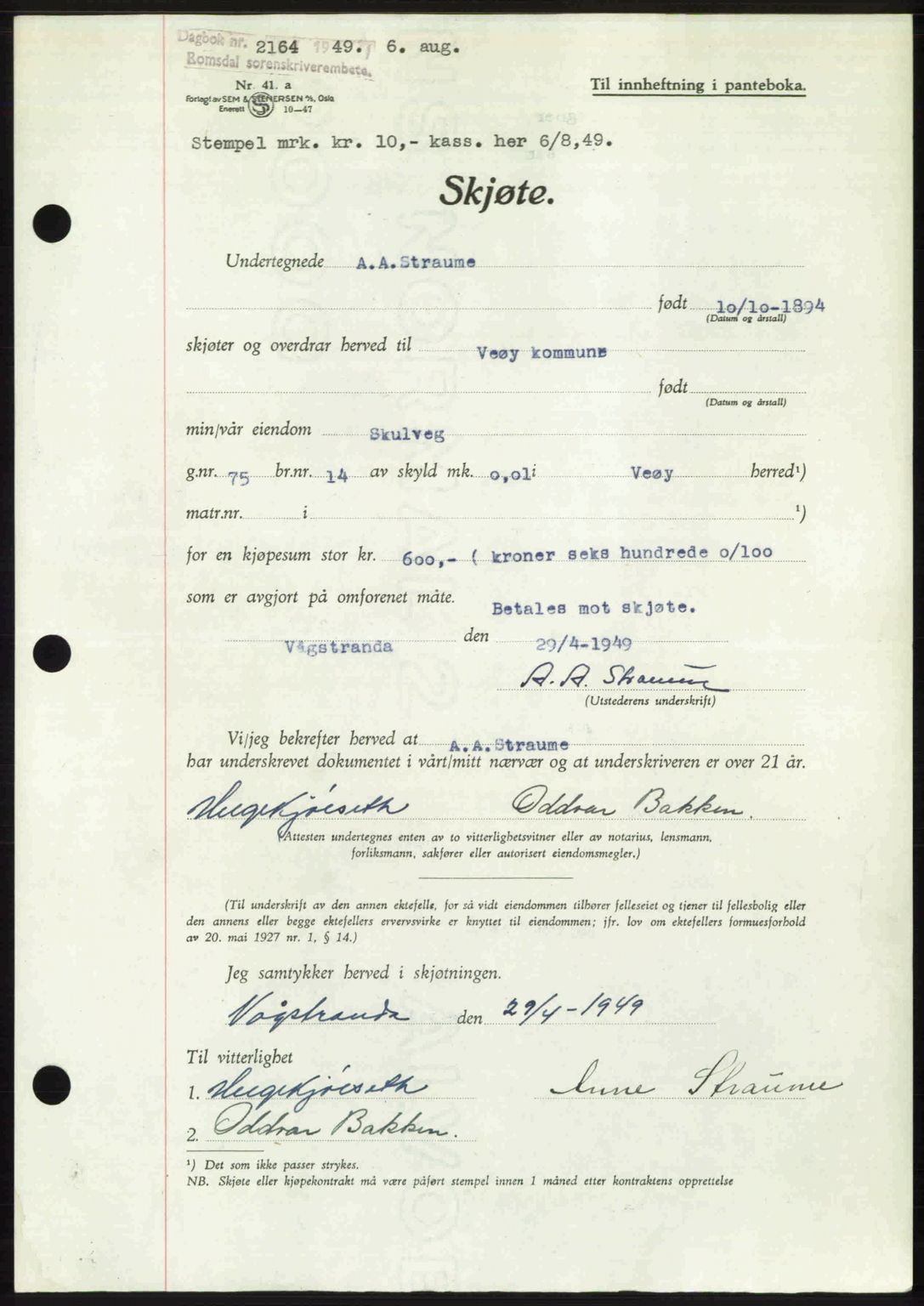 Romsdal sorenskriveri, AV/SAT-A-4149/1/2/2C: Mortgage book no. A30, 1949-1949, Diary no: : 2164/1949