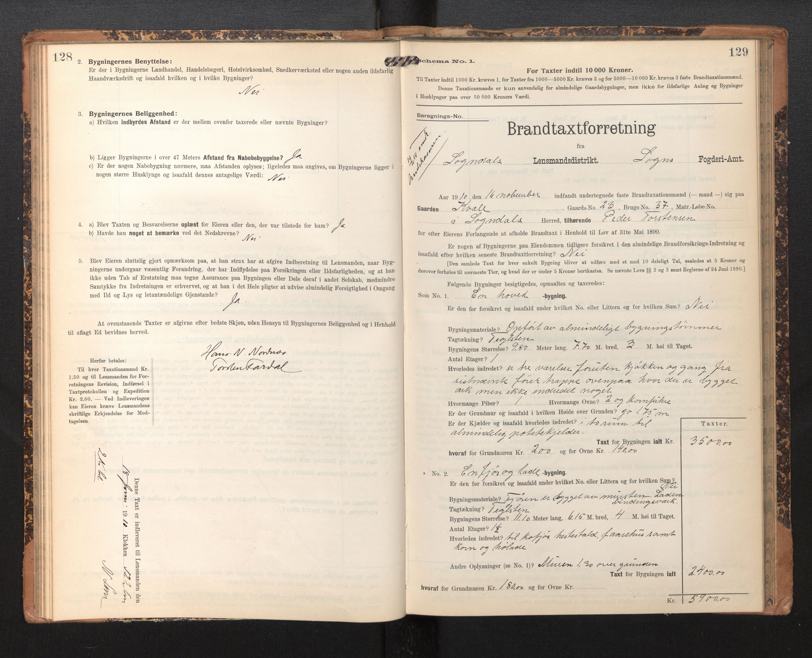 Lensmannen i Sogndal, AV/SAB-A-29901/0012/L0010: Branntakstprotokoll, skjematakst, 1907-1914, p. 128-129