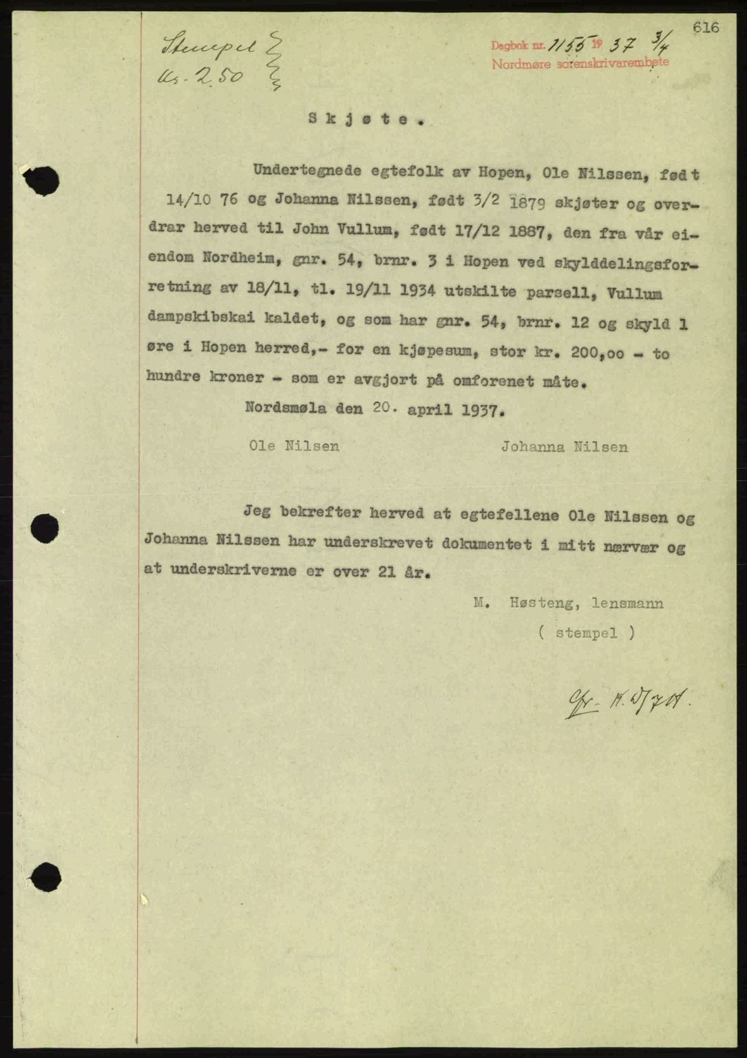 Nordmøre sorenskriveri, AV/SAT-A-4132/1/2/2Ca: Mortgage book no. A81, 1937-1937, Diary no: : 1155/1937