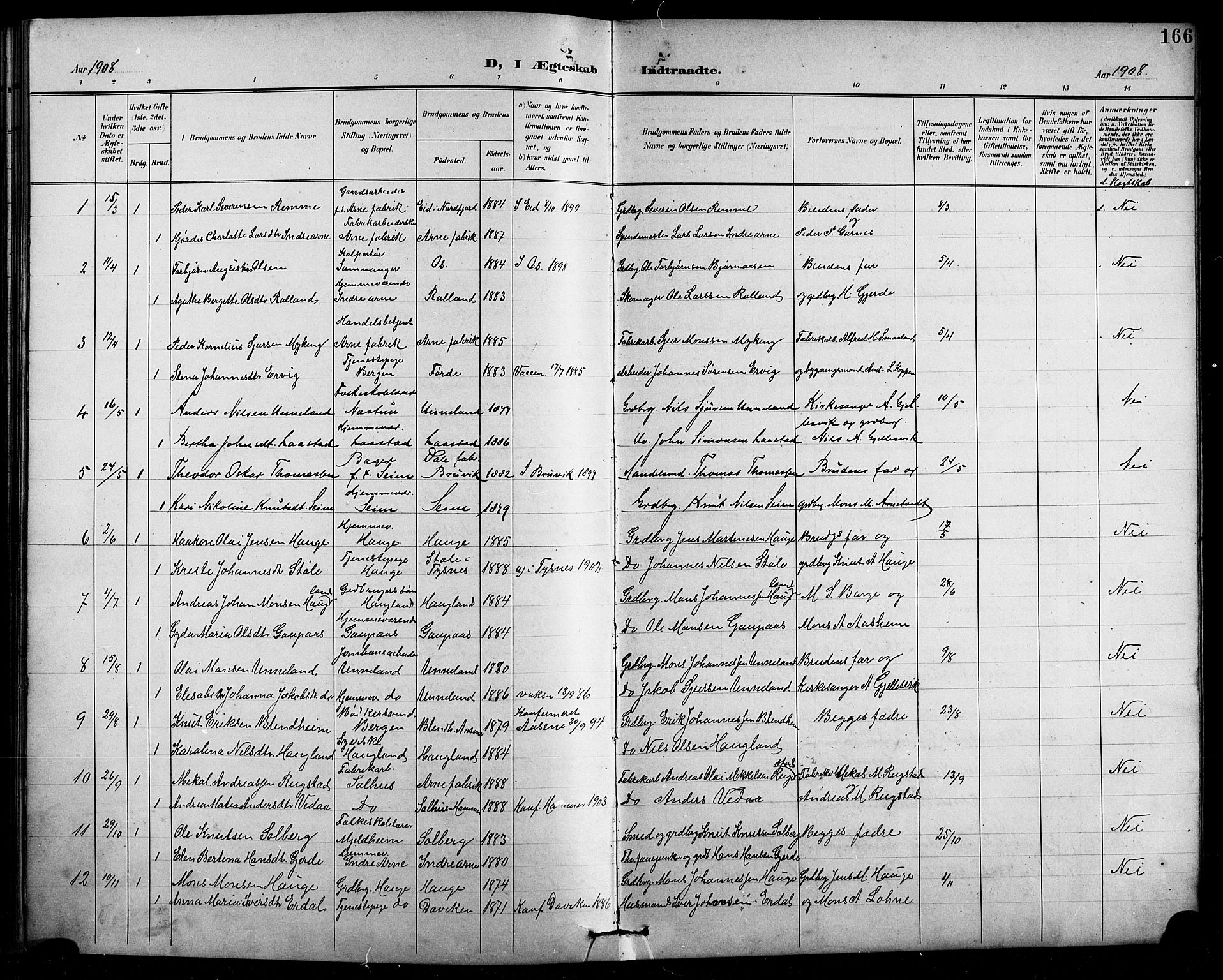 Arna Sokneprestembete, SAB/A-74001/H/Ha/Hab: Parish register (copy) no. A 4, 1898-1910, p. 166