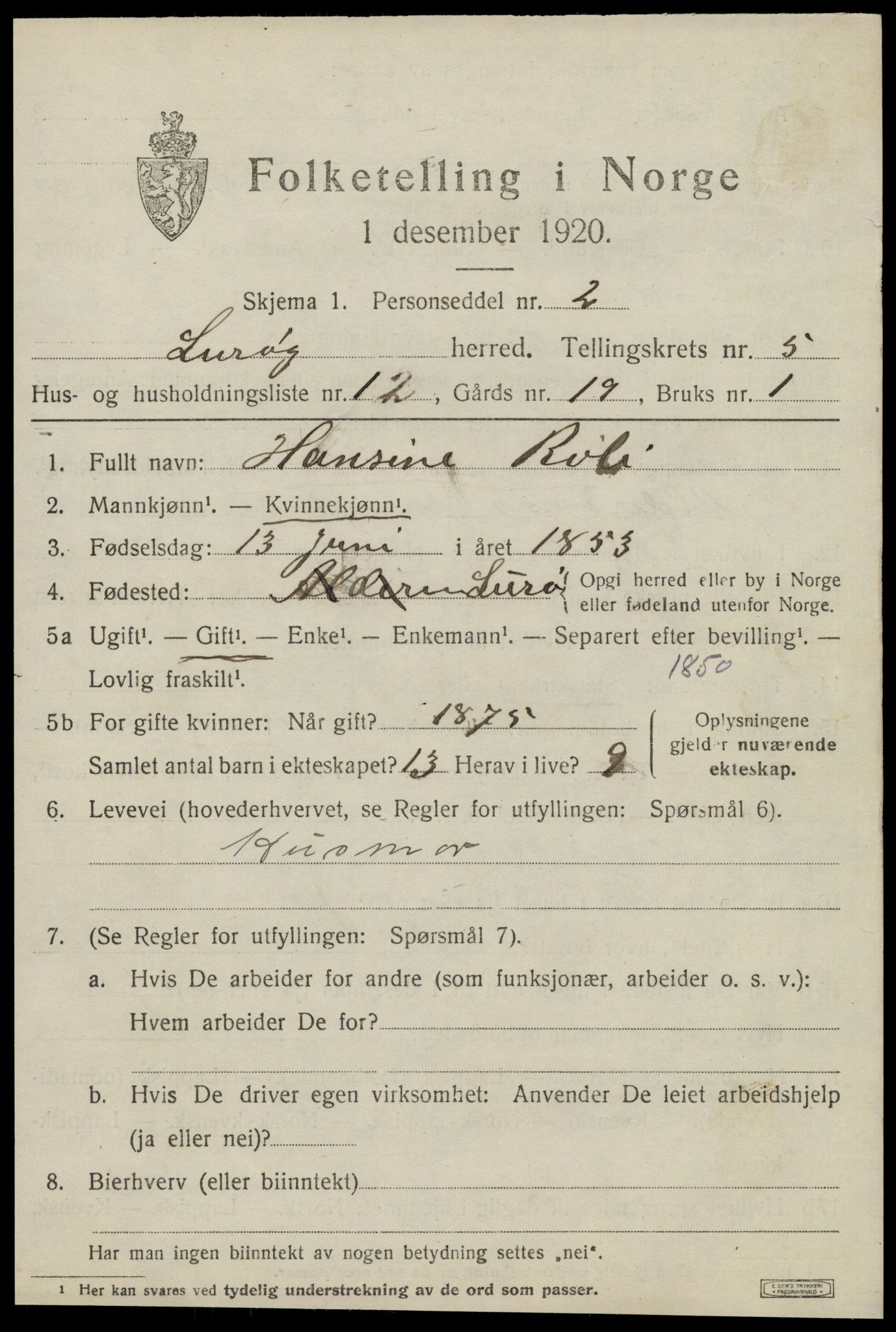 SAT, 1920 census for Lurøy, 1920, p. 2613