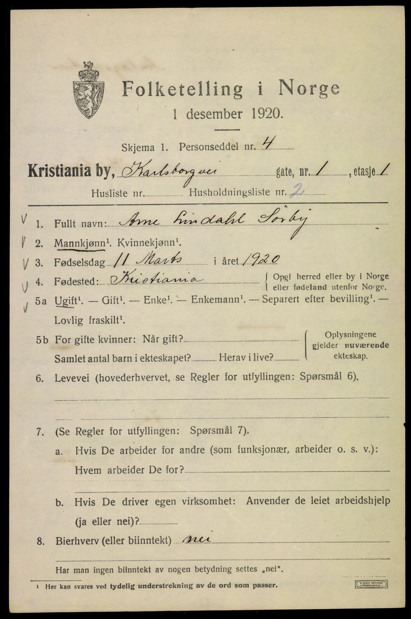 SAO, 1920 census for Kristiania, 1920, p. 330003