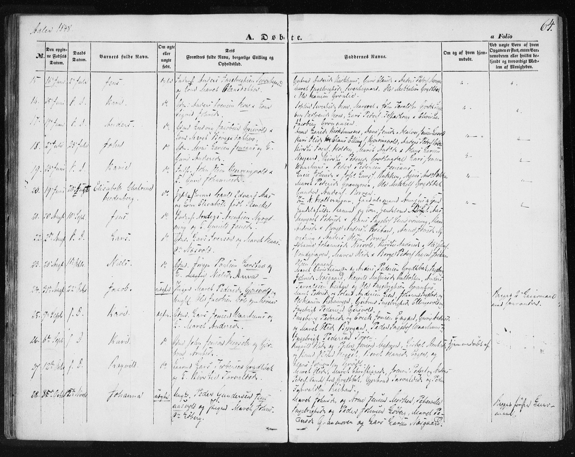 Ministerialprotokoller, klokkerbøker og fødselsregistre - Sør-Trøndelag, AV/SAT-A-1456/685/L0965: Parish register (official) no. 685A06 /3, 1846-1859, p. 64