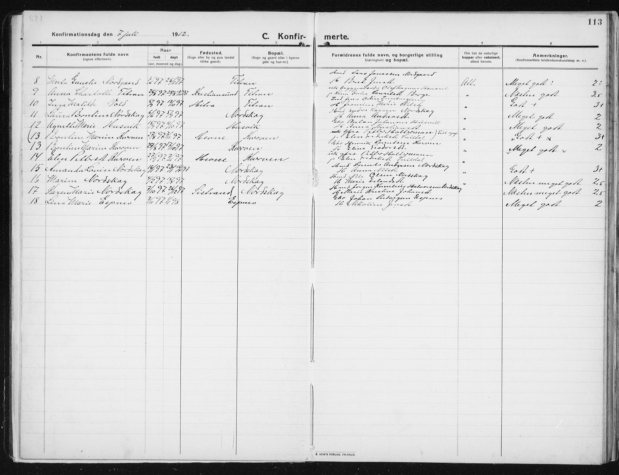 Ministerialprotokoller, klokkerbøker og fødselsregistre - Sør-Trøndelag, SAT/A-1456/641/L0599: Parish register (copy) no. 641C03, 1910-1938, p. 113