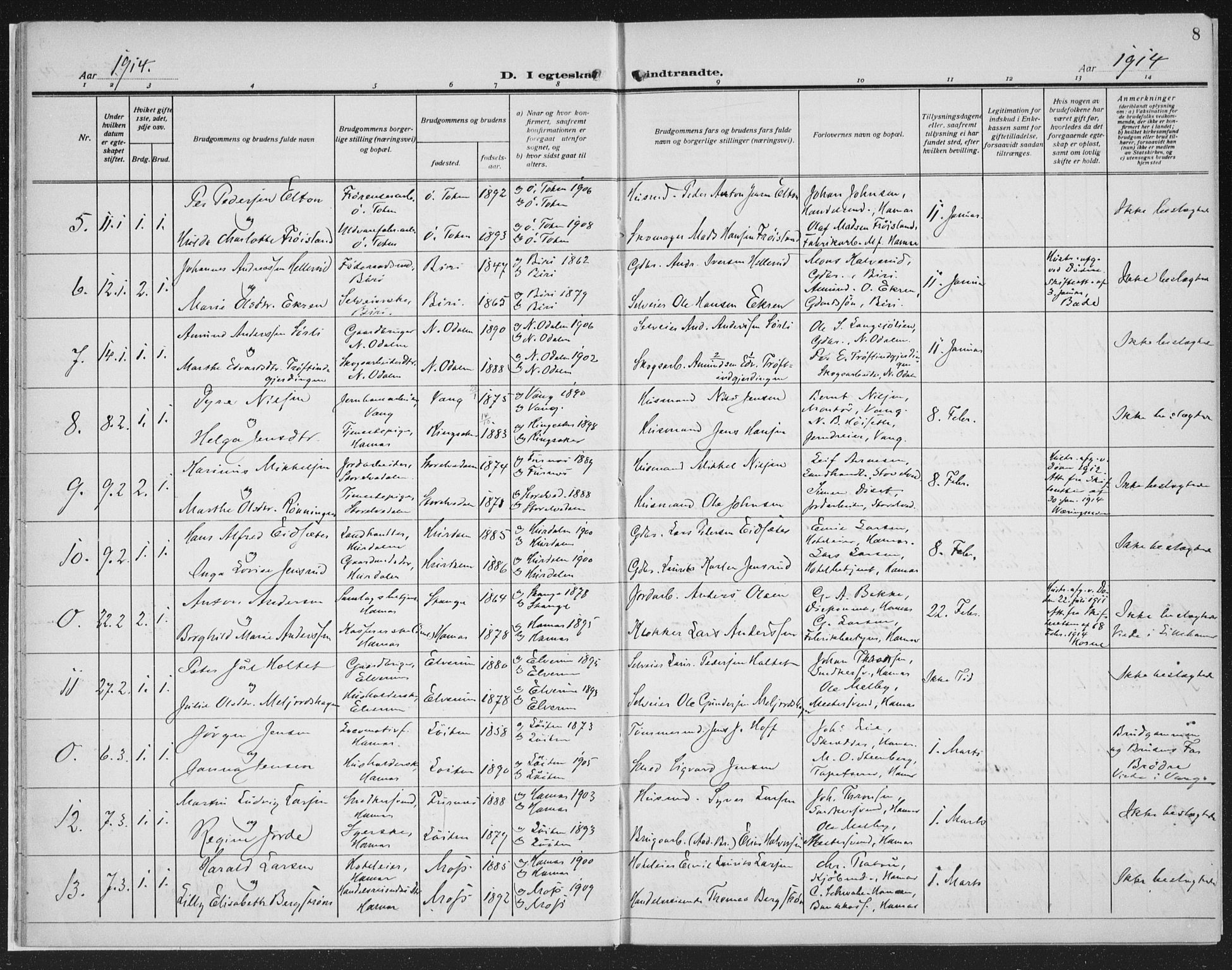 Hamar prestekontor, AV/SAH-DOMPH-002/H/Ha/Haa/L0003: Parish register (official) no. 3, 1913-1930, p. 8