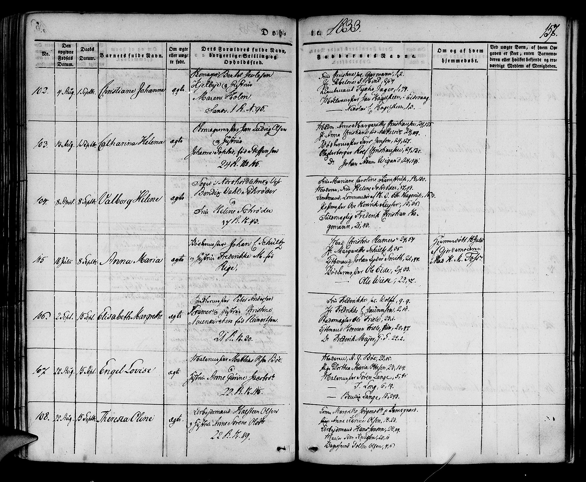 Korskirken sokneprestembete, AV/SAB-A-76101/H/Haa/L0015: Parish register (official) no. B 1, 1833-1841, p. 157