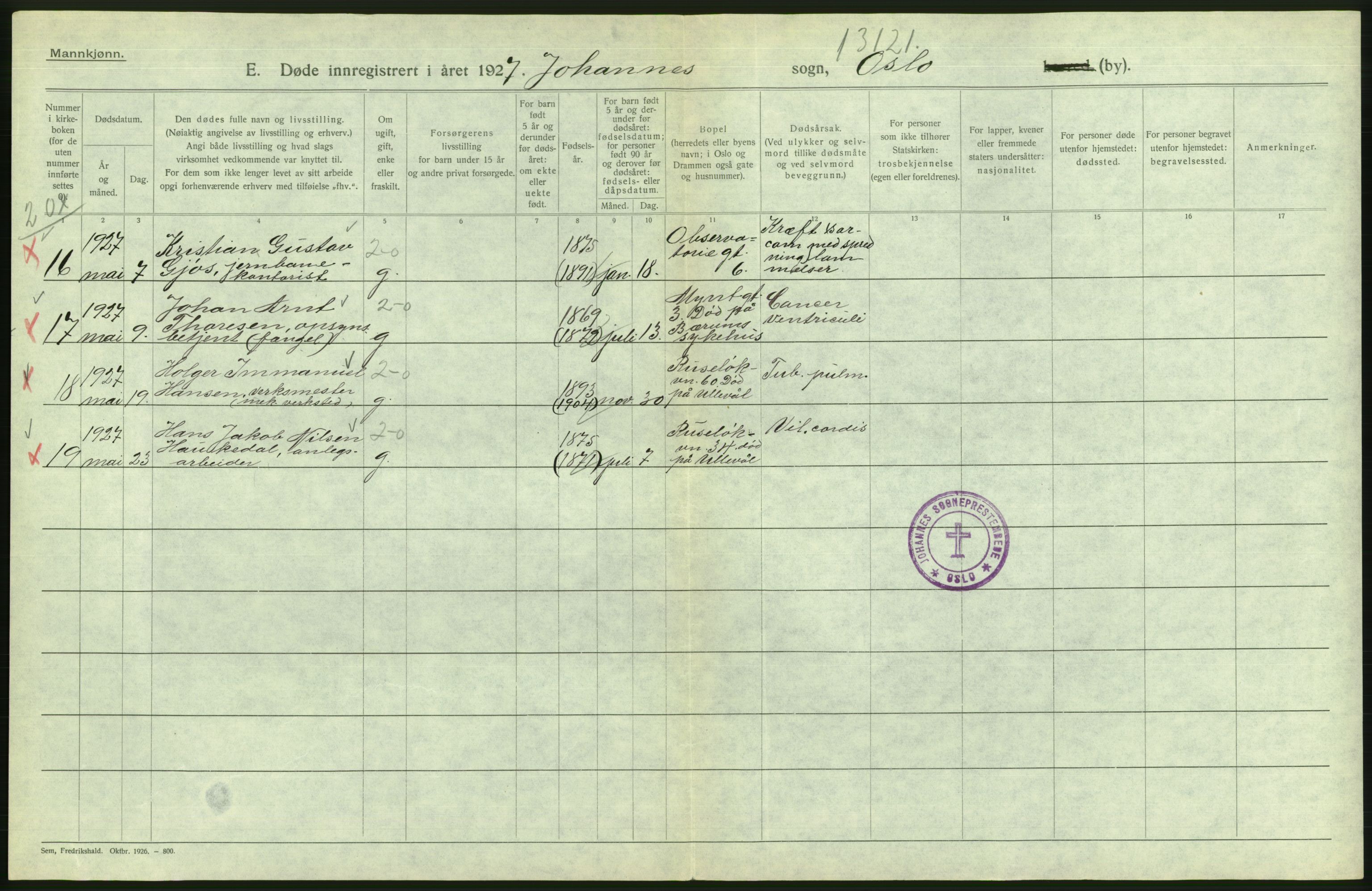 Statistisk sentralbyrå, Sosiodemografiske emner, Befolkning, AV/RA-S-2228/D/Df/Dfc/Dfcg/L0009: Oslo: Døde menn, 1927, p. 128