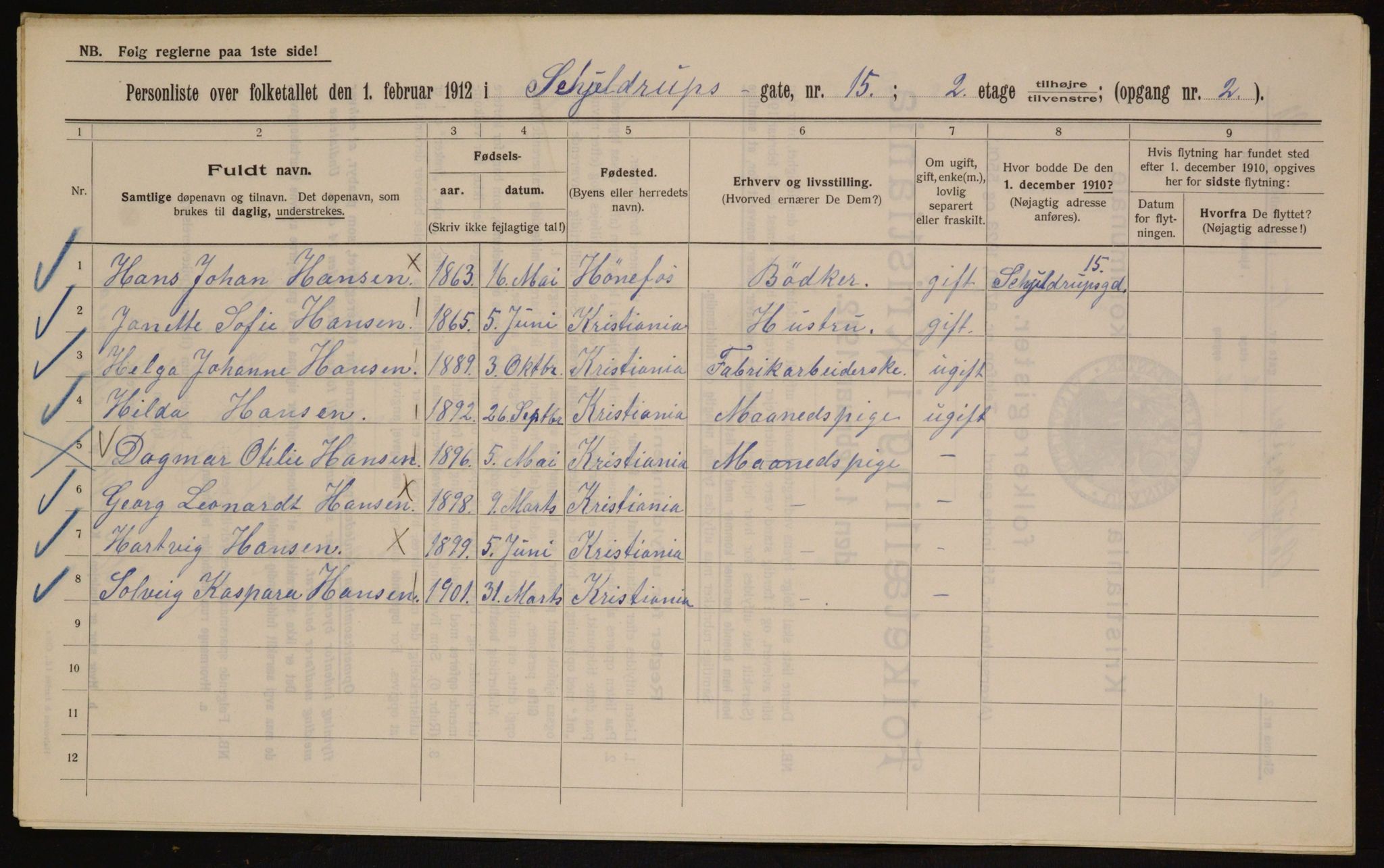 OBA, Municipal Census 1912 for Kristiania, 1912, p. 96296