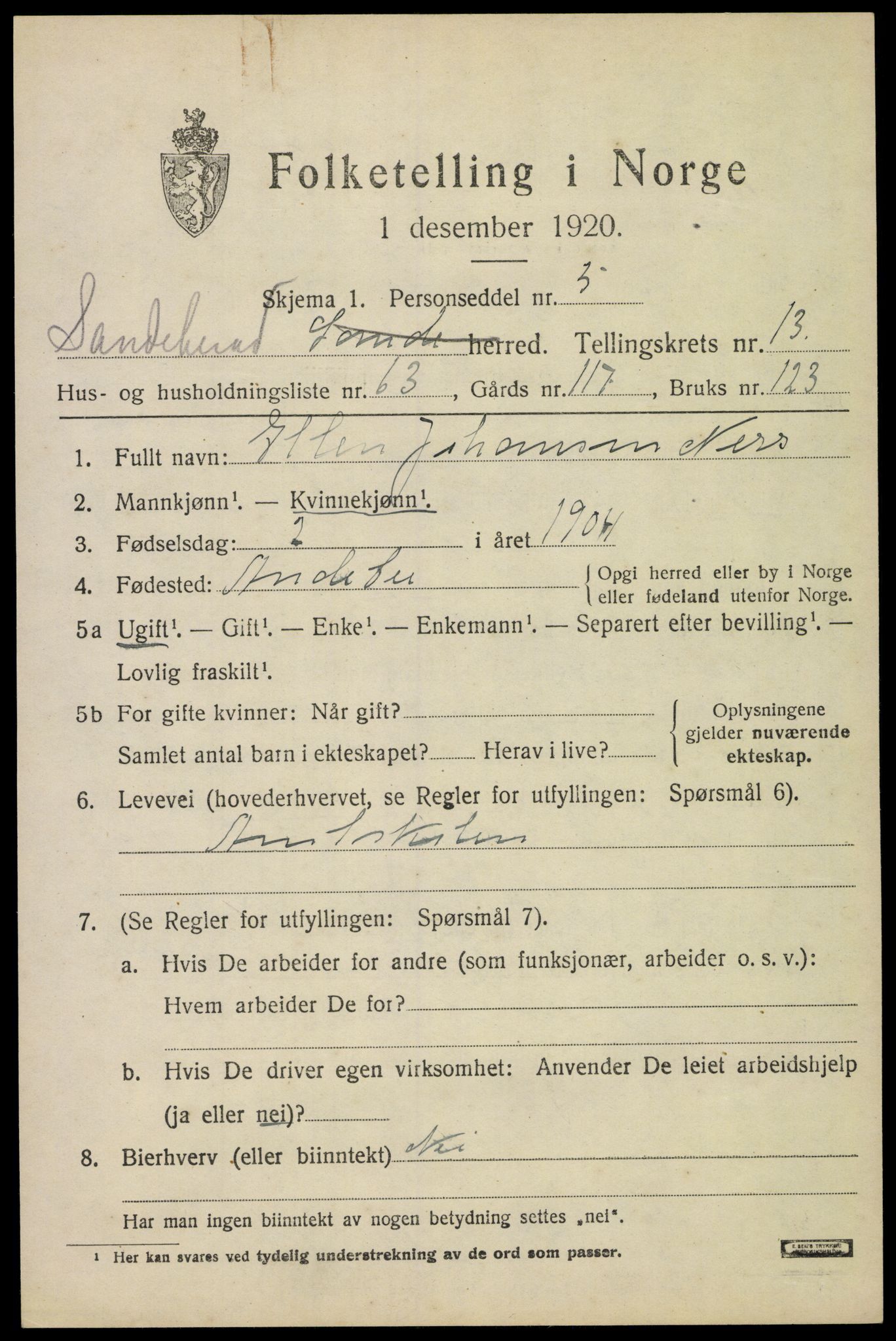 SAKO, 1920 census for Sandeherred, 1920, p. 20166