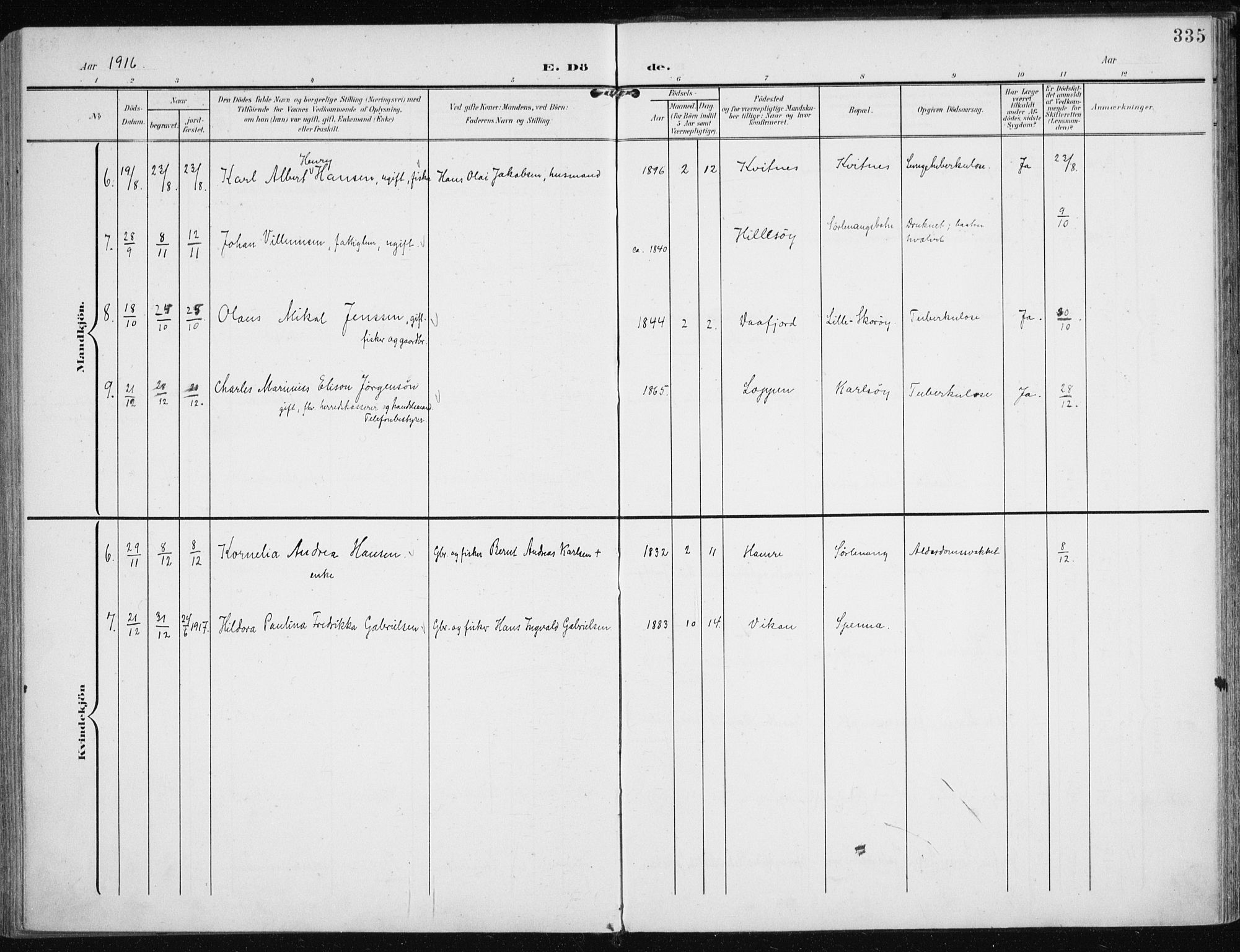 Karlsøy sokneprestembete, AV/SATØ-S-1299/H/Ha/Haa/L0014kirke: Parish register (official) no. 14, 1903-1917, p. 335