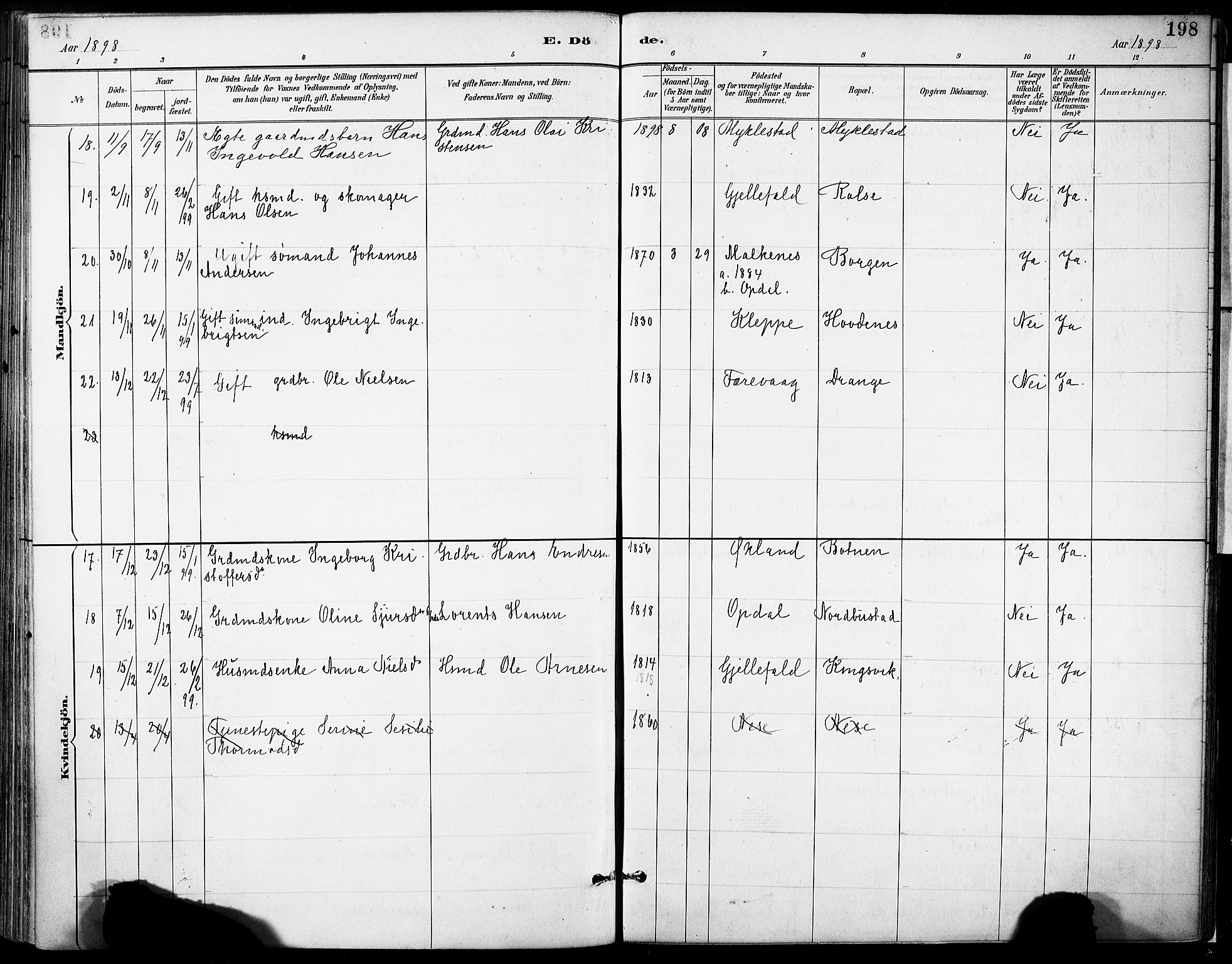 Tysnes sokneprestembete, AV/SAB-A-78601/H/Haa: Parish register (official) no. D 1, 1887-1904, p. 198