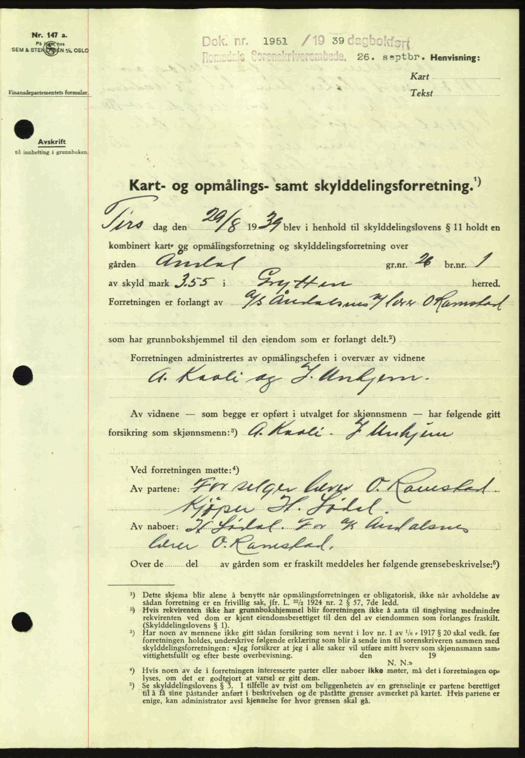 Romsdal sorenskriveri, AV/SAT-A-4149/1/2/2C: Mortgage book no. A7, 1939-1939, Diary no: : 1951/1939