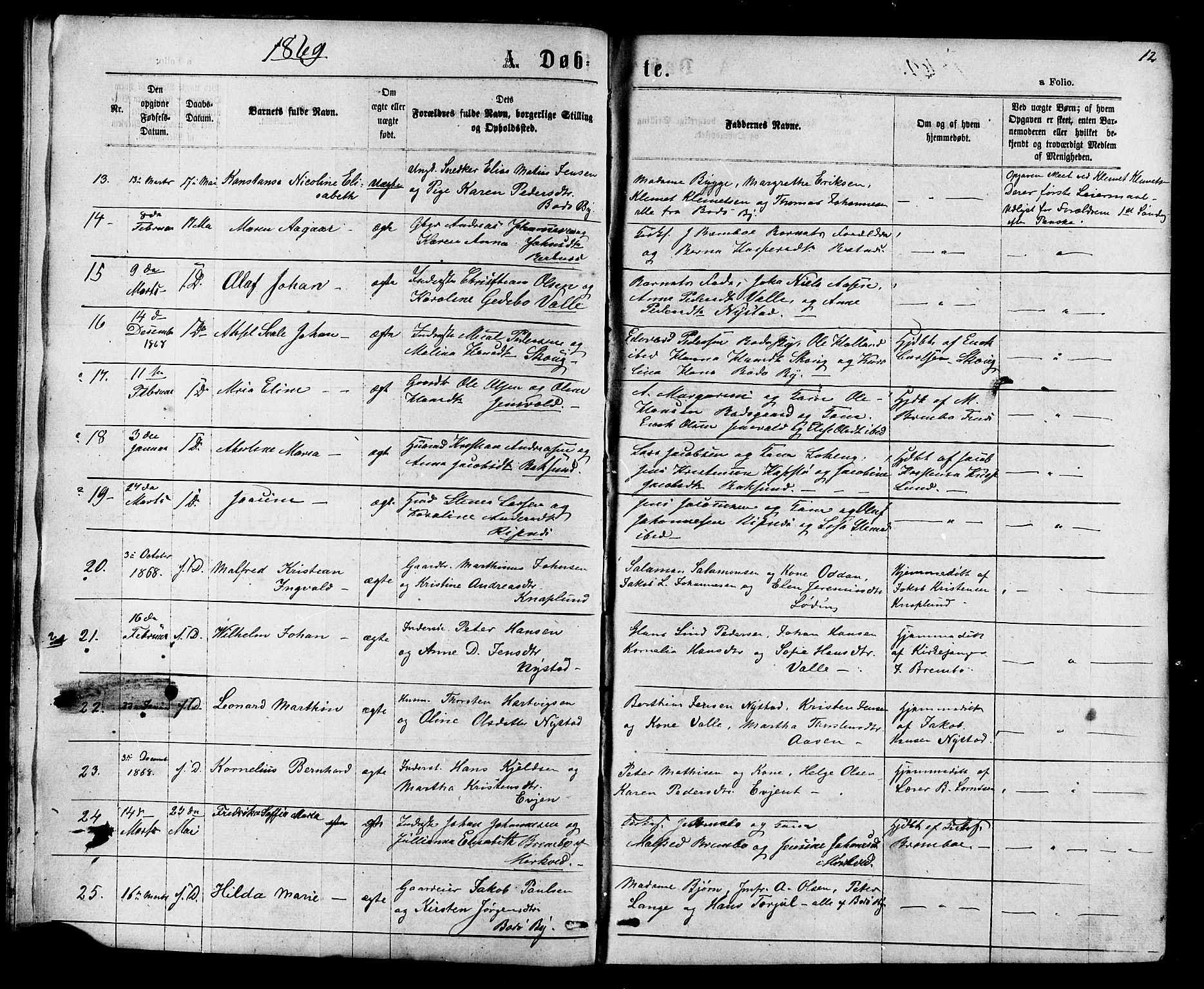 Ministerialprotokoller, klokkerbøker og fødselsregistre - Nordland, SAT/A-1459/801/L0029: Parish register (copy) no. 801C04, 1868-1878, p. 12