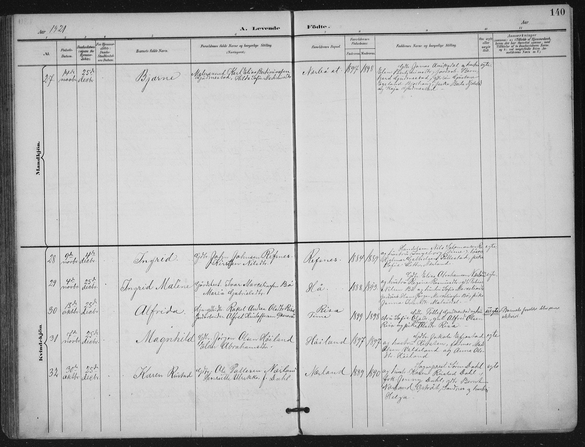 Hå sokneprestkontor, AV/SAST-A-101801/002/B/L0001: Parish register (official) no. A 11, 1897-1924, p. 140