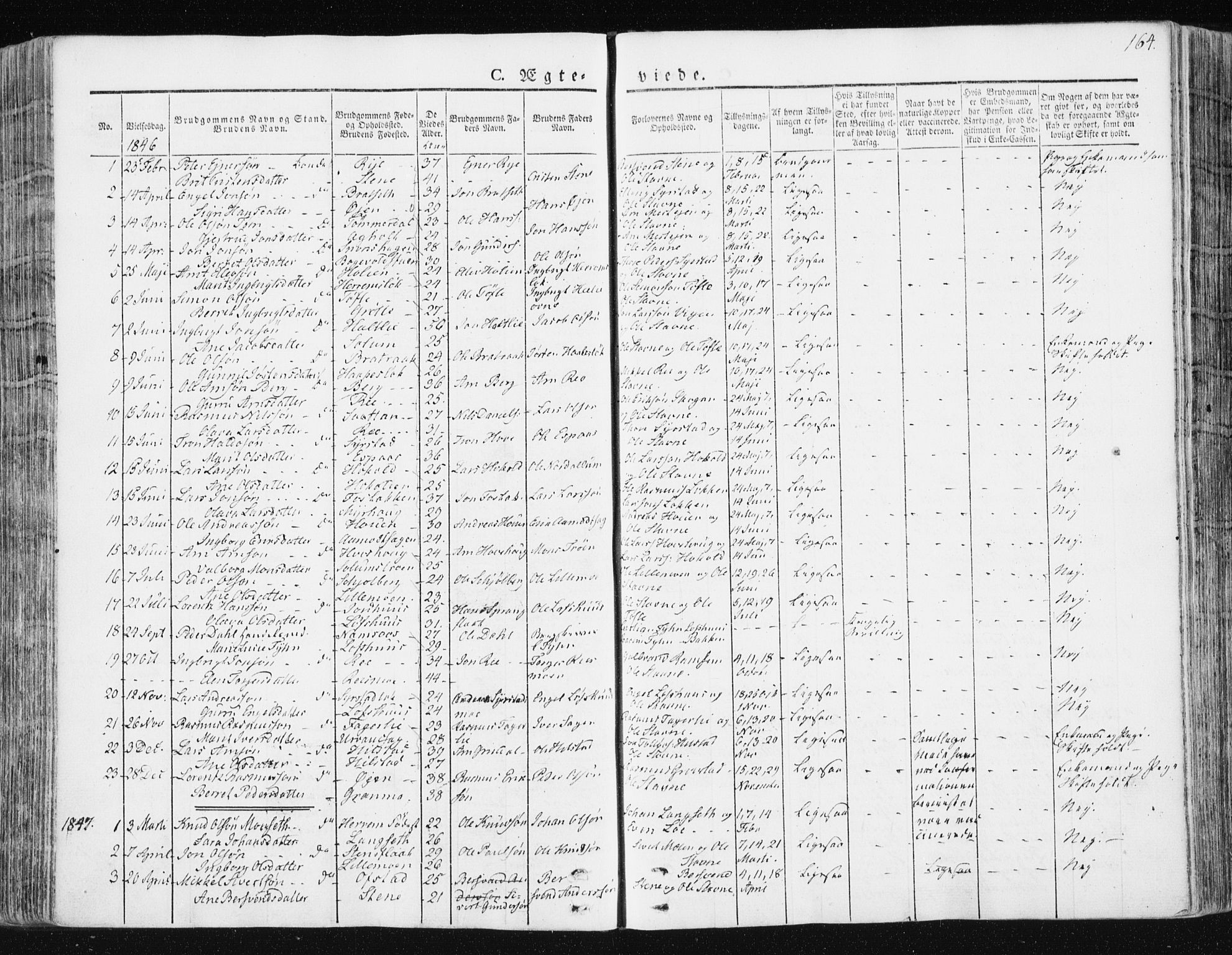 Ministerialprotokoller, klokkerbøker og fødselsregistre - Sør-Trøndelag, AV/SAT-A-1456/672/L0855: Parish register (official) no. 672A07, 1829-1860, p. 164