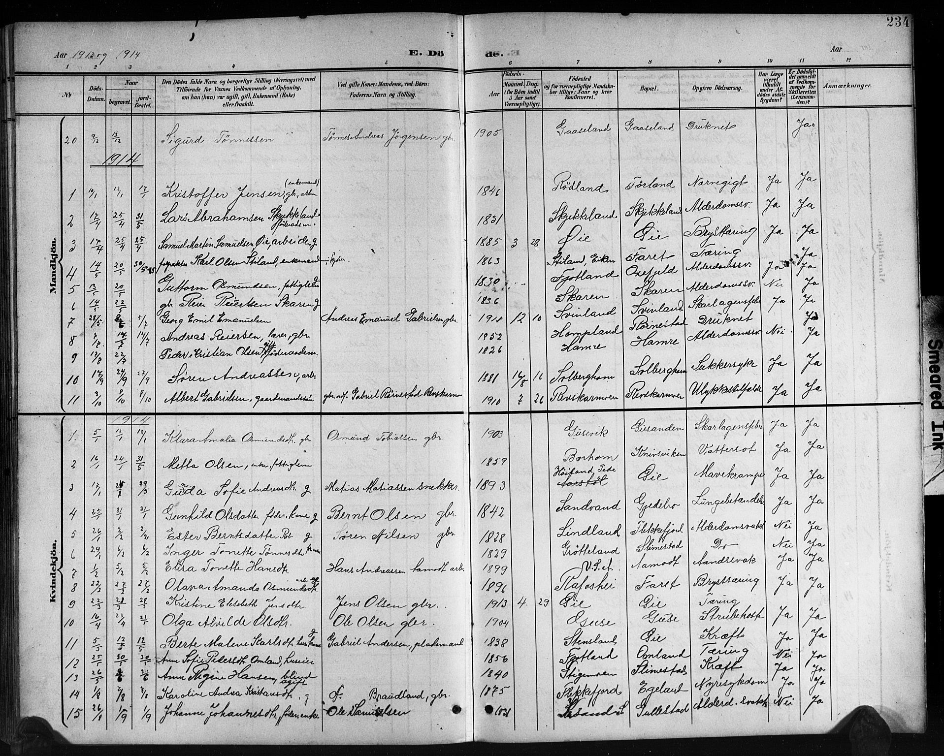 Kvinesdal sokneprestkontor, AV/SAK-1111-0026/F/Fb/Fbb/L0003: Parish register (copy) no. B 3, 1898-1916, p. 234