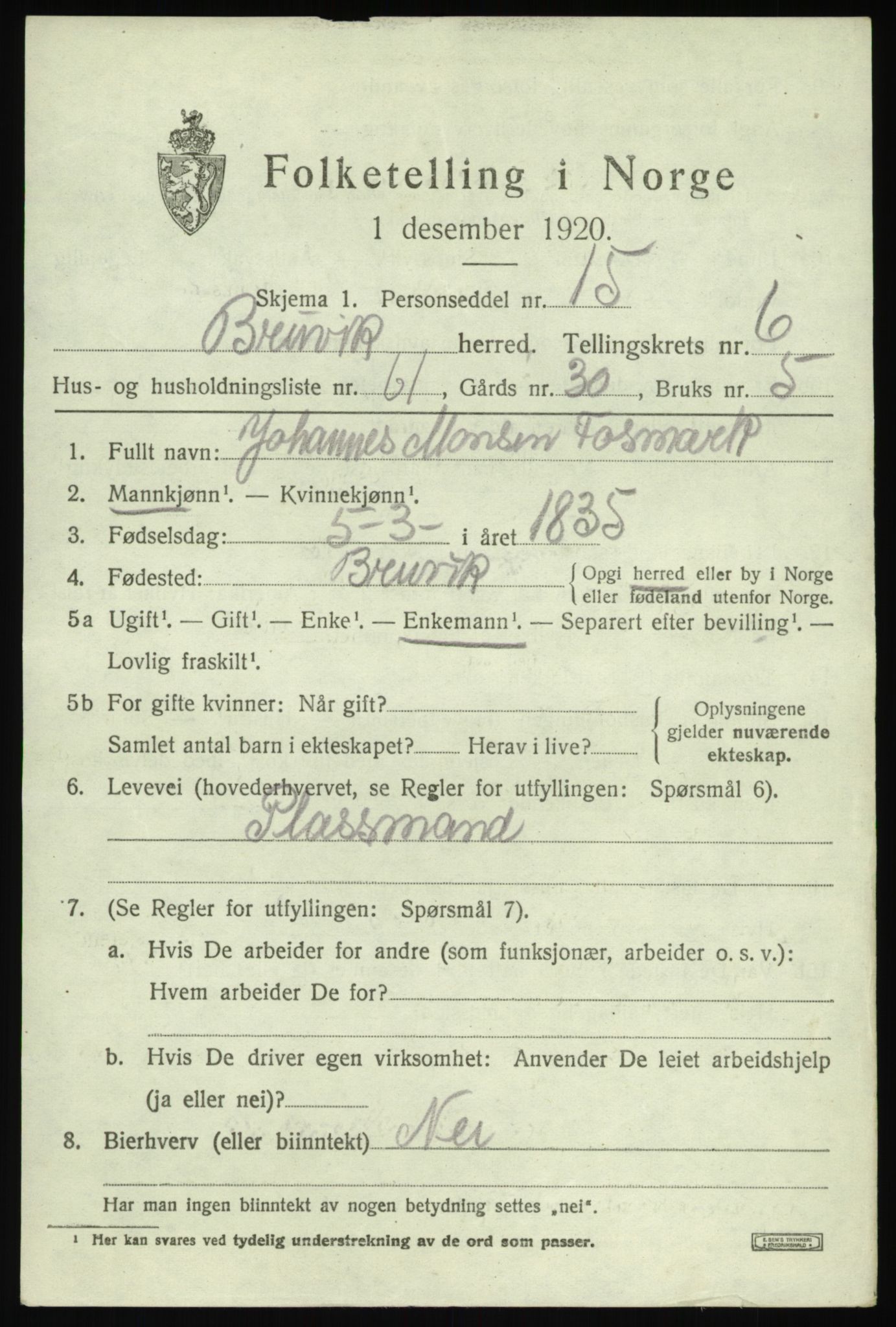 SAB, 1920 census for Bruvik, 1920, p. 4888