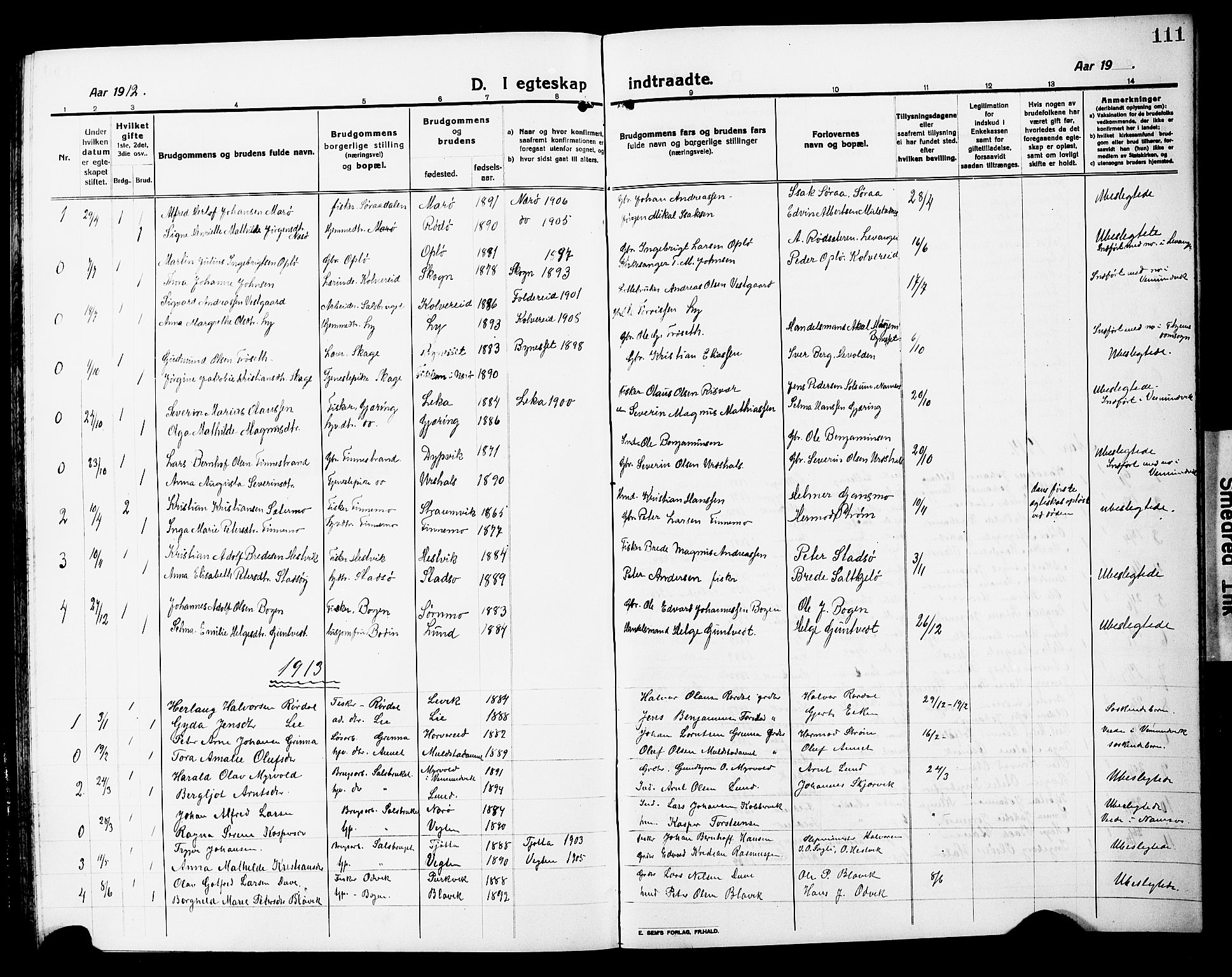Ministerialprotokoller, klokkerbøker og fødselsregistre - Nord-Trøndelag, SAT/A-1458/780/L0653: Parish register (copy) no. 780C05, 1911-1927, p. 111