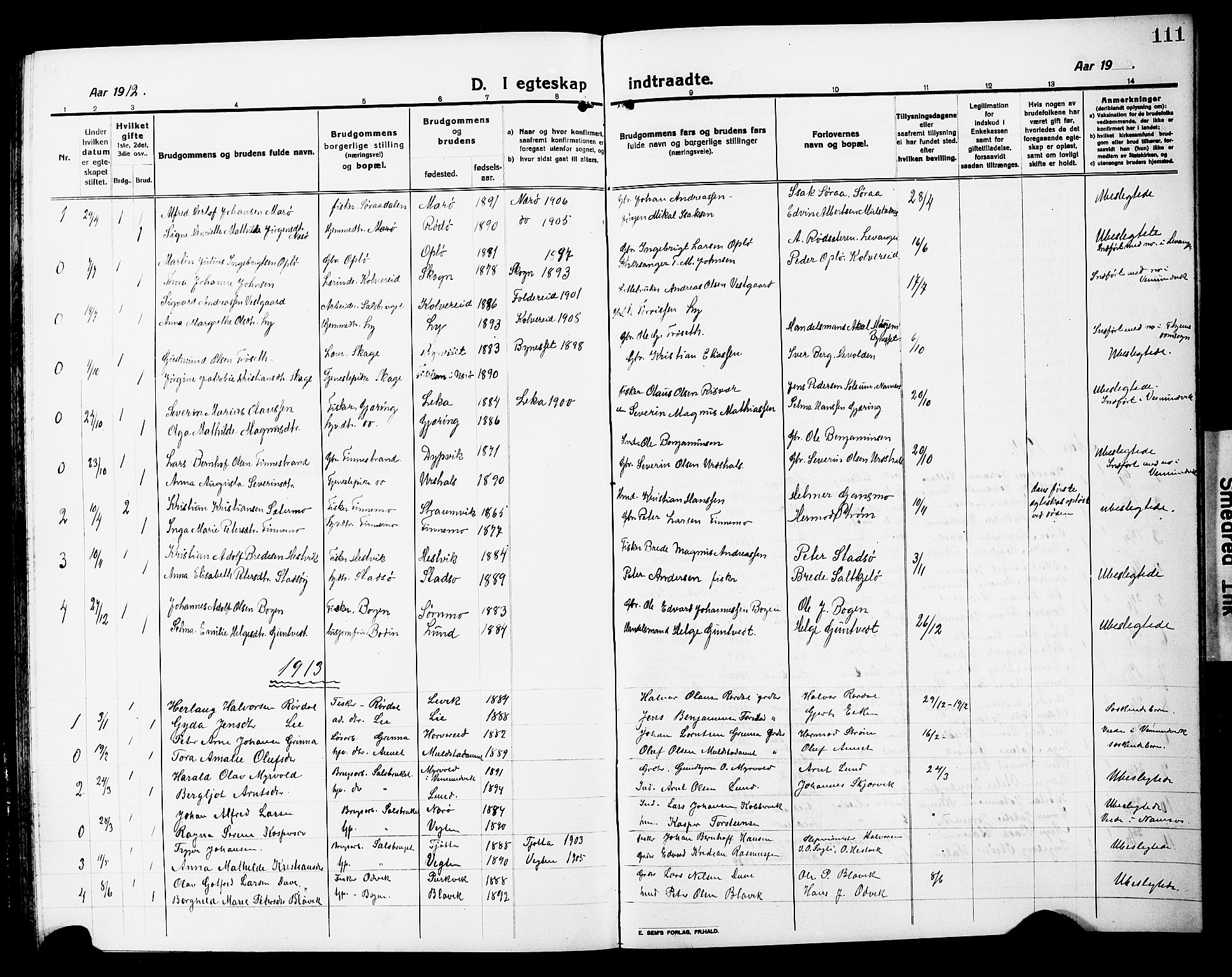 Ministerialprotokoller, klokkerbøker og fødselsregistre - Nord-Trøndelag, AV/SAT-A-1458/780/L0653: Parish register (copy) no. 780C05, 1911-1927, p. 111