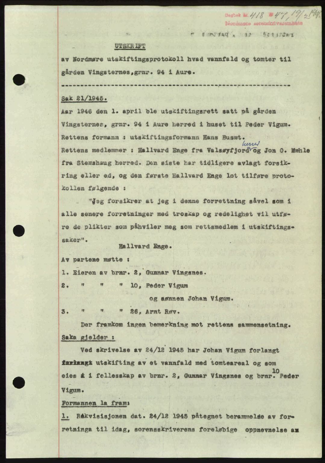 Nordmøre sorenskriveri, AV/SAT-A-4132/1/2/2Ca: Mortgage book no. A104, 1947-1947, Diary no: : 418/1947