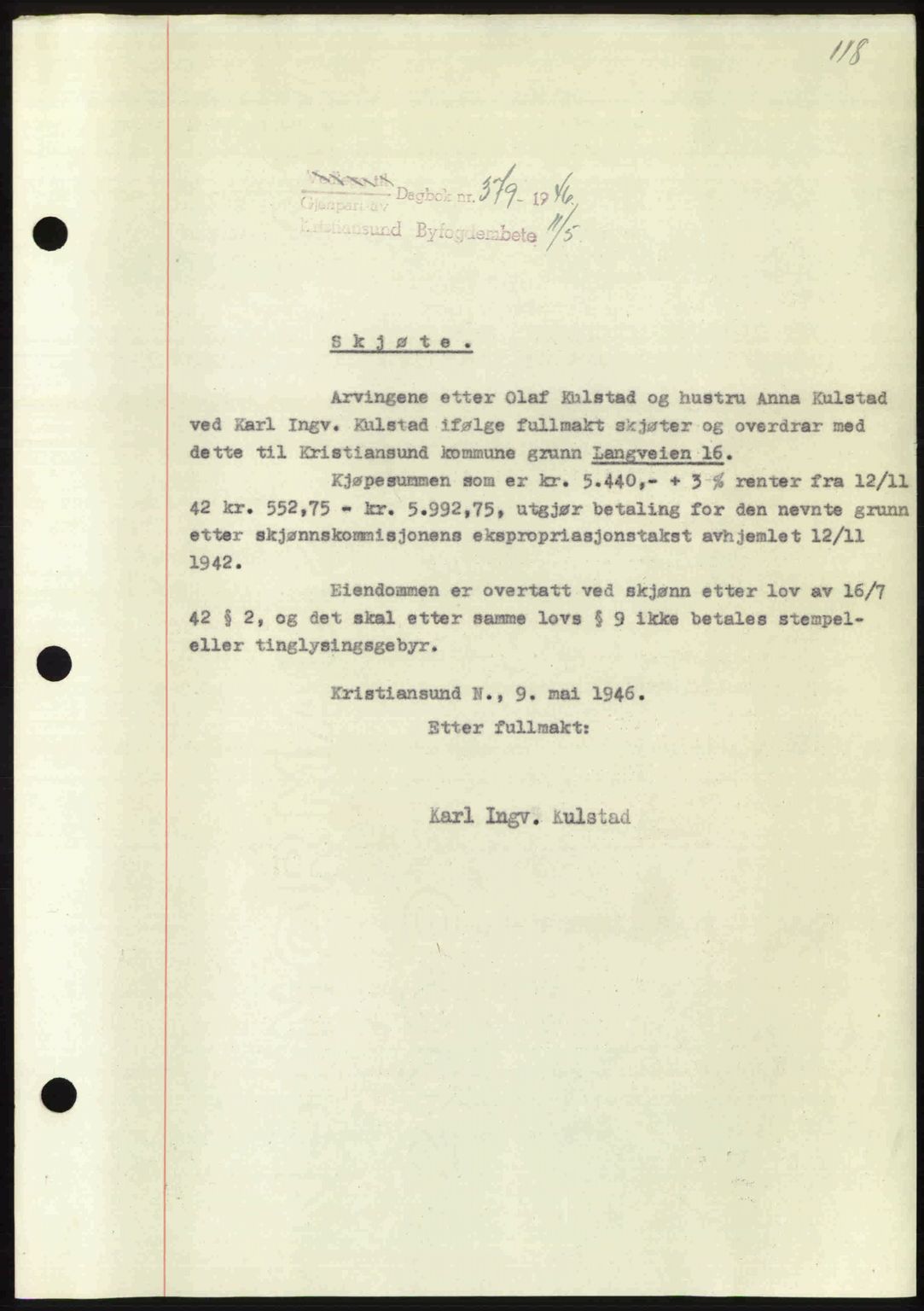 Kristiansund byfogd, AV/SAT-A-4587/A/27: Mortgage book no. 39b, 1946-1947, Diary no: : 379/1946