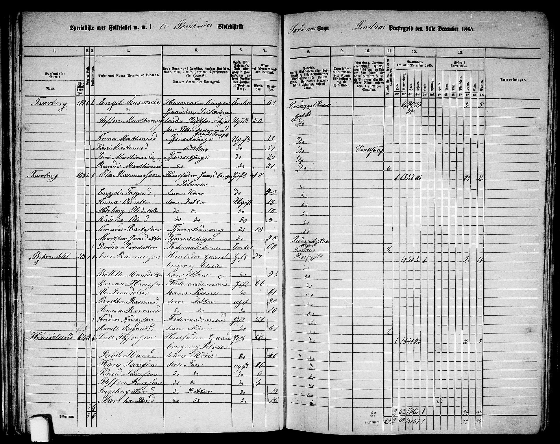 RA, 1865 census for Lindås, 1865, p. 58