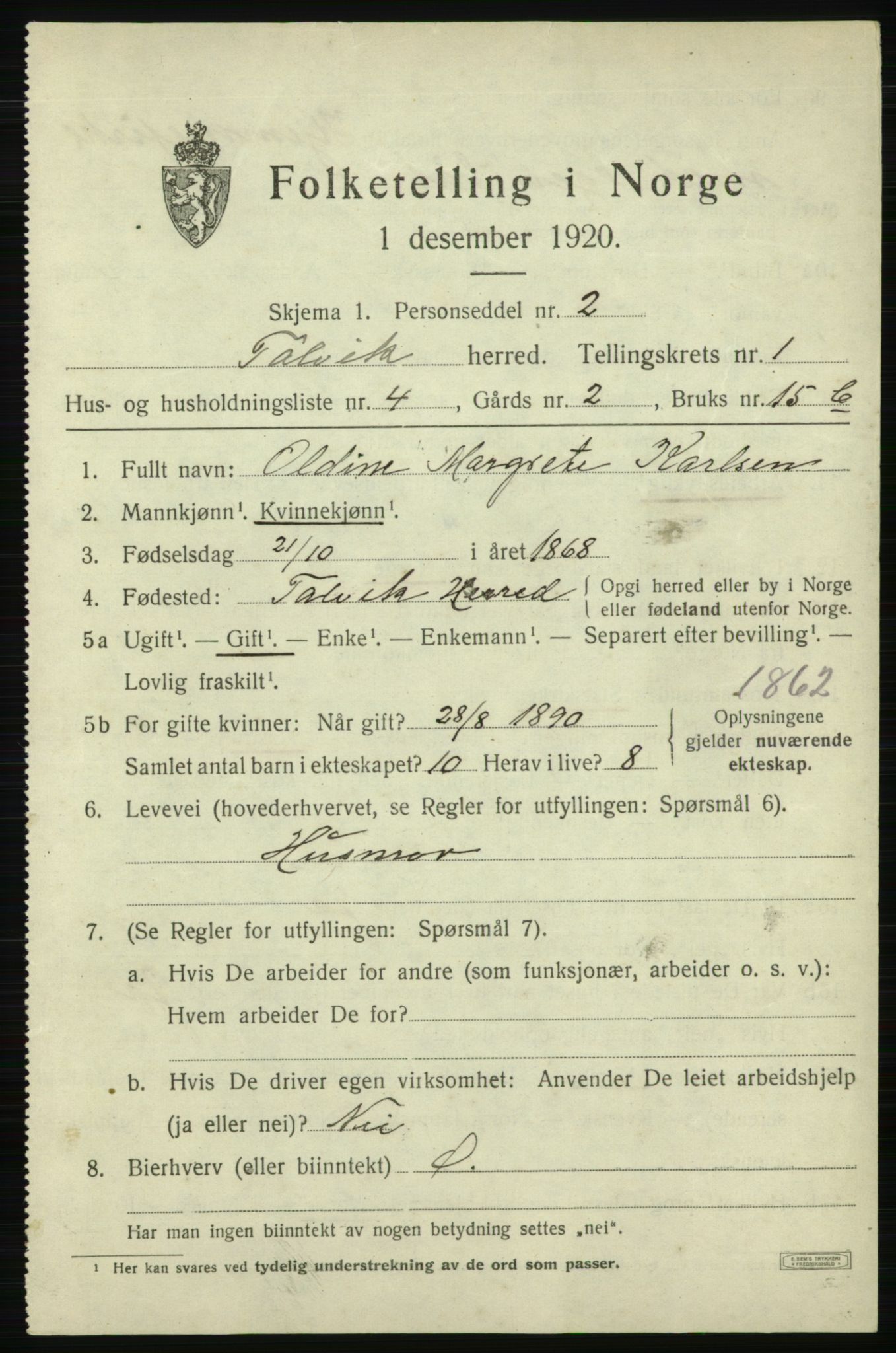 SATØ, 1920 census for Talvik, 1920, p. 1044